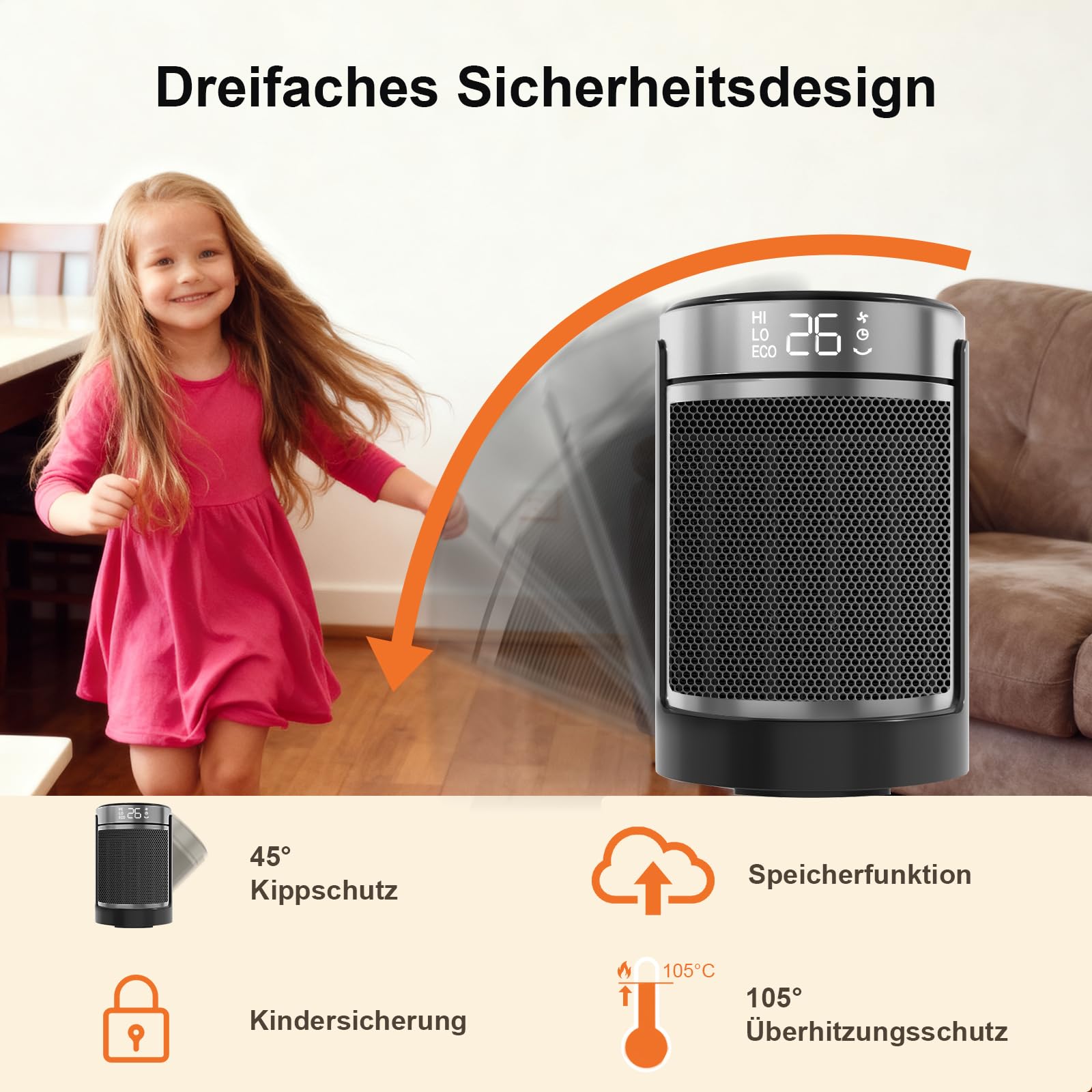 YASHE Heizlüfter 1500W/750W, 34 dB leise, PTC-Keramik, Thermostat 5–36 °C (±1°), 70° Oszillation, 24 h Timer, ECO/HI/LOW/FAN, Fernbedienung, Kippschutz, Überhitzungsschutz, V0, für Schlafzimmer