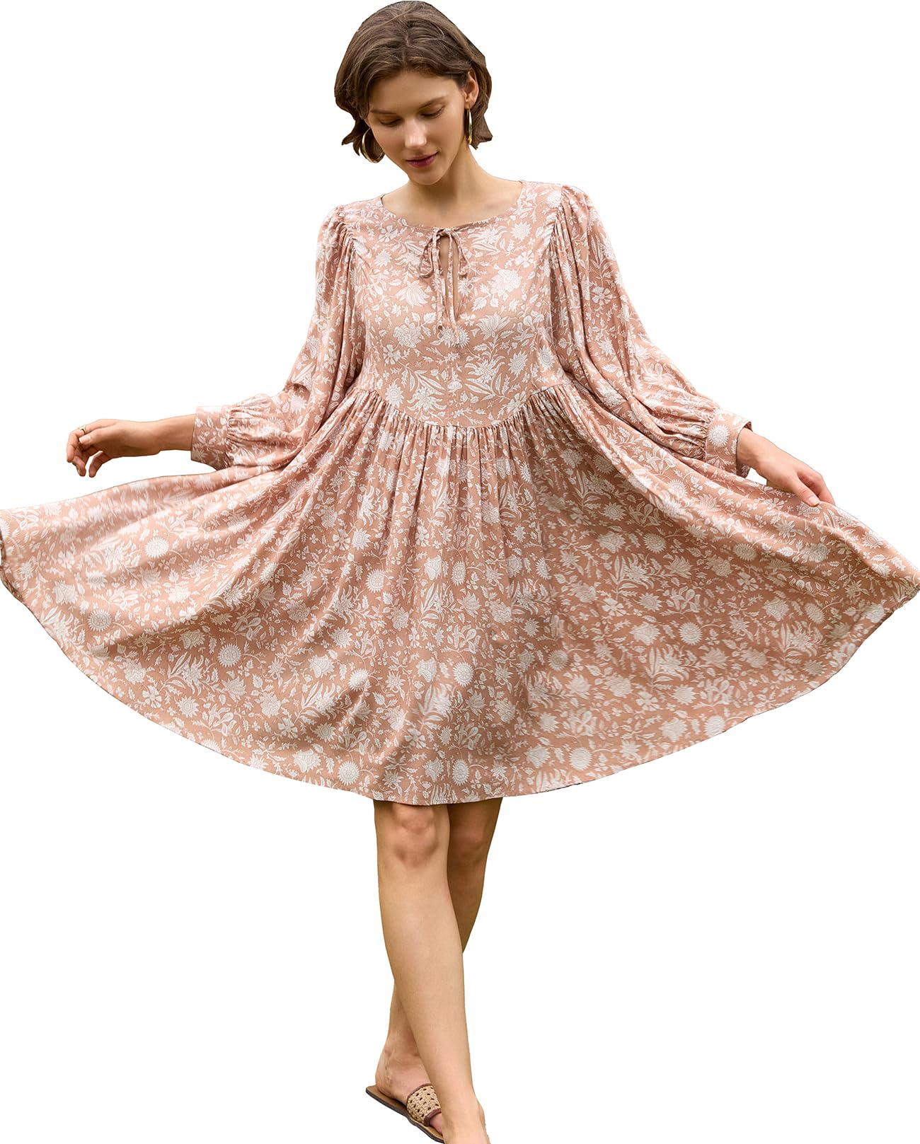 Womens Summer Boho Floral V‑Neck 3/4 Sleeve Babydoll Swing Mini Beach Dress