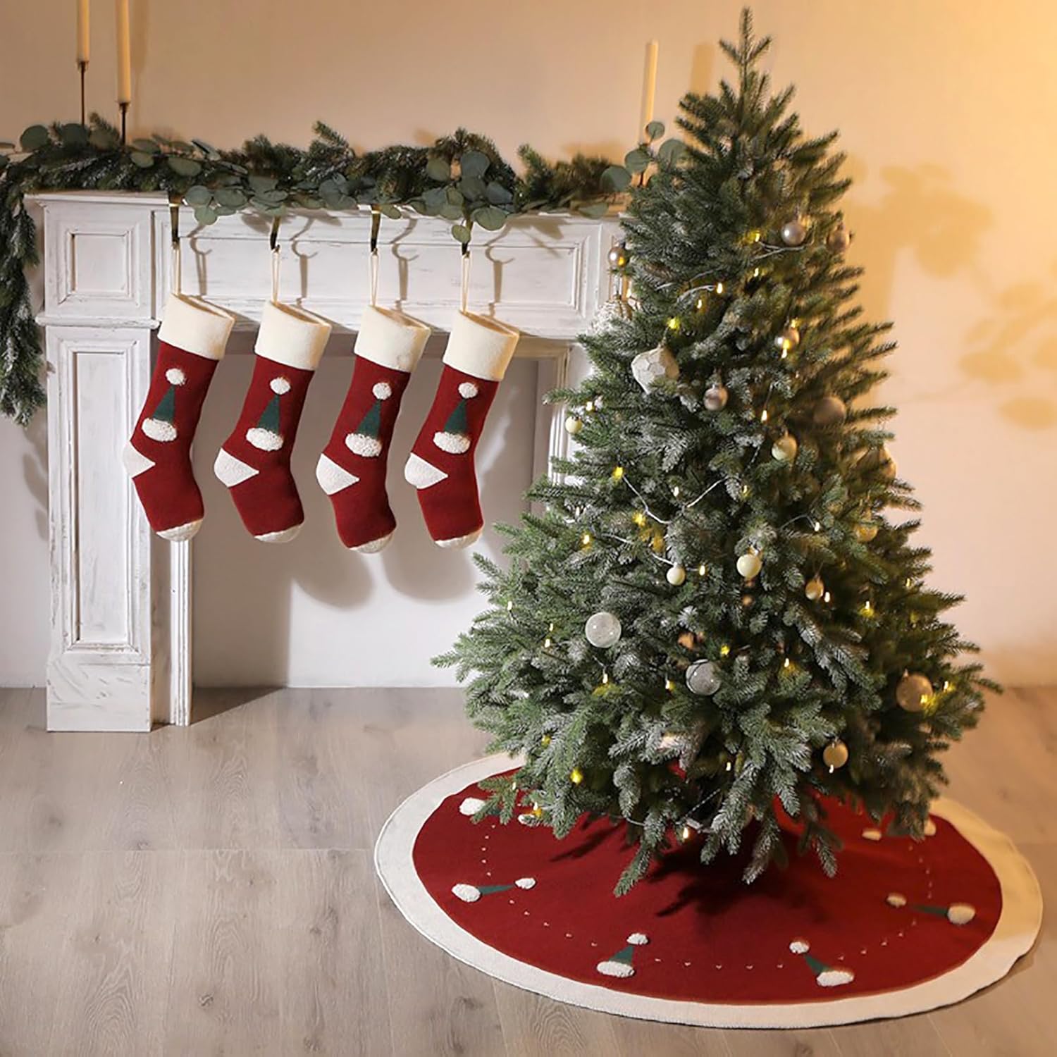 Christmas Tree Skirt, 48 Inches Tree Mat, Red Xmas Tree Skirt for Christmas Home Holiday Party Decorations Wine Red