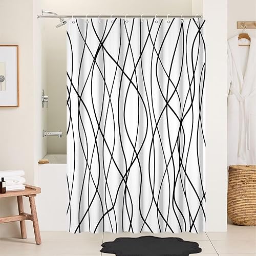 Miniatura 100 de Cortina de ducha pequeña a rayas gris claro degradado para baño, 36 x 72 pulgadas, juego de cortina de ducha geométrica para cabina de RV con Gris