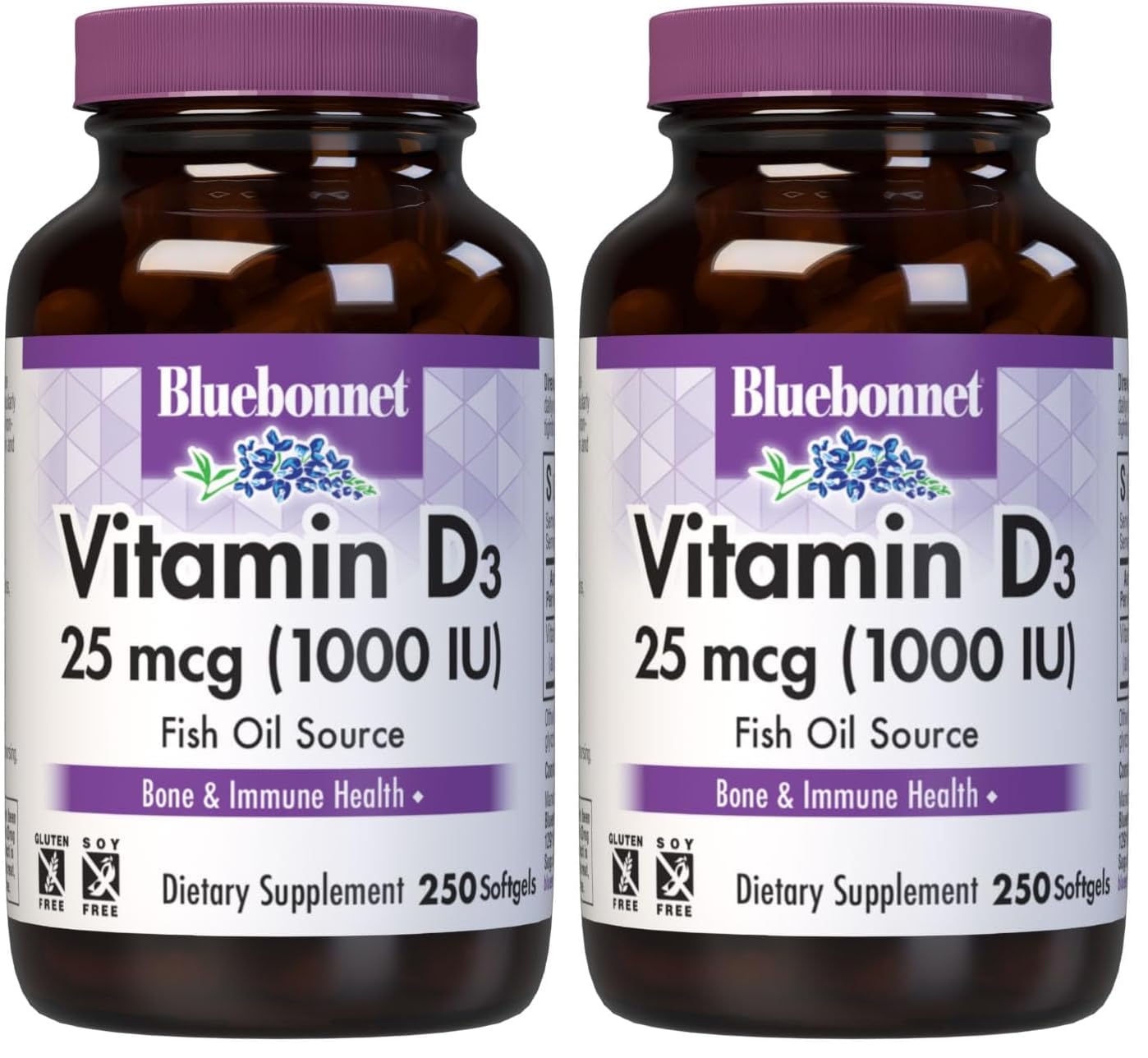 BlueBonnet Nutrition Vitamin D3 1000 IU, 250 Softgels Unflavored 250 Count (Pack of 2)