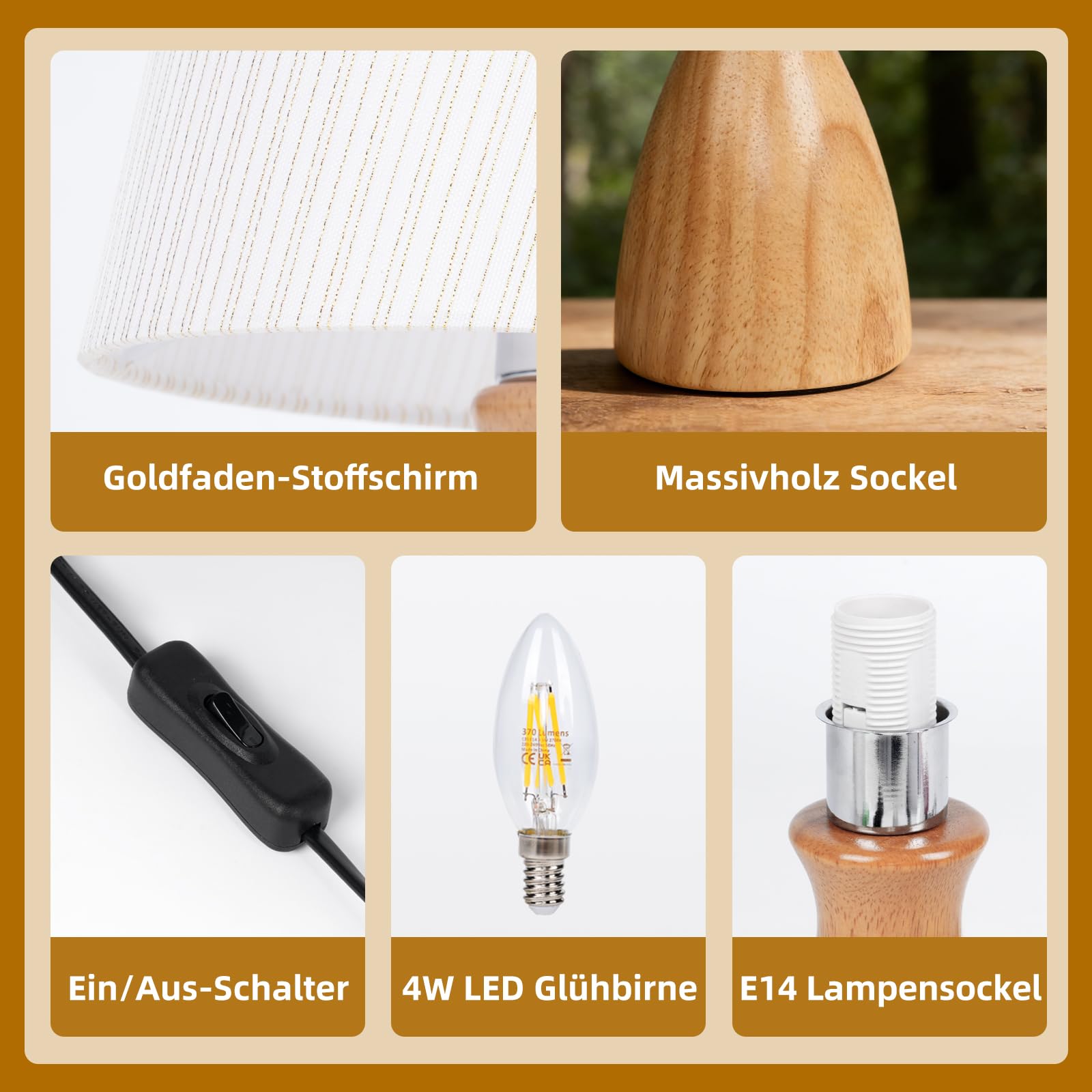 Lámpara de Mesita de Noche, Pantalla de Tela de Lino Beige, 3000K blanco cálido, Bombilla LED E14 incluida, Ideal para Dormitorio, Salón, Oficina, Regalo-1 Pieza
