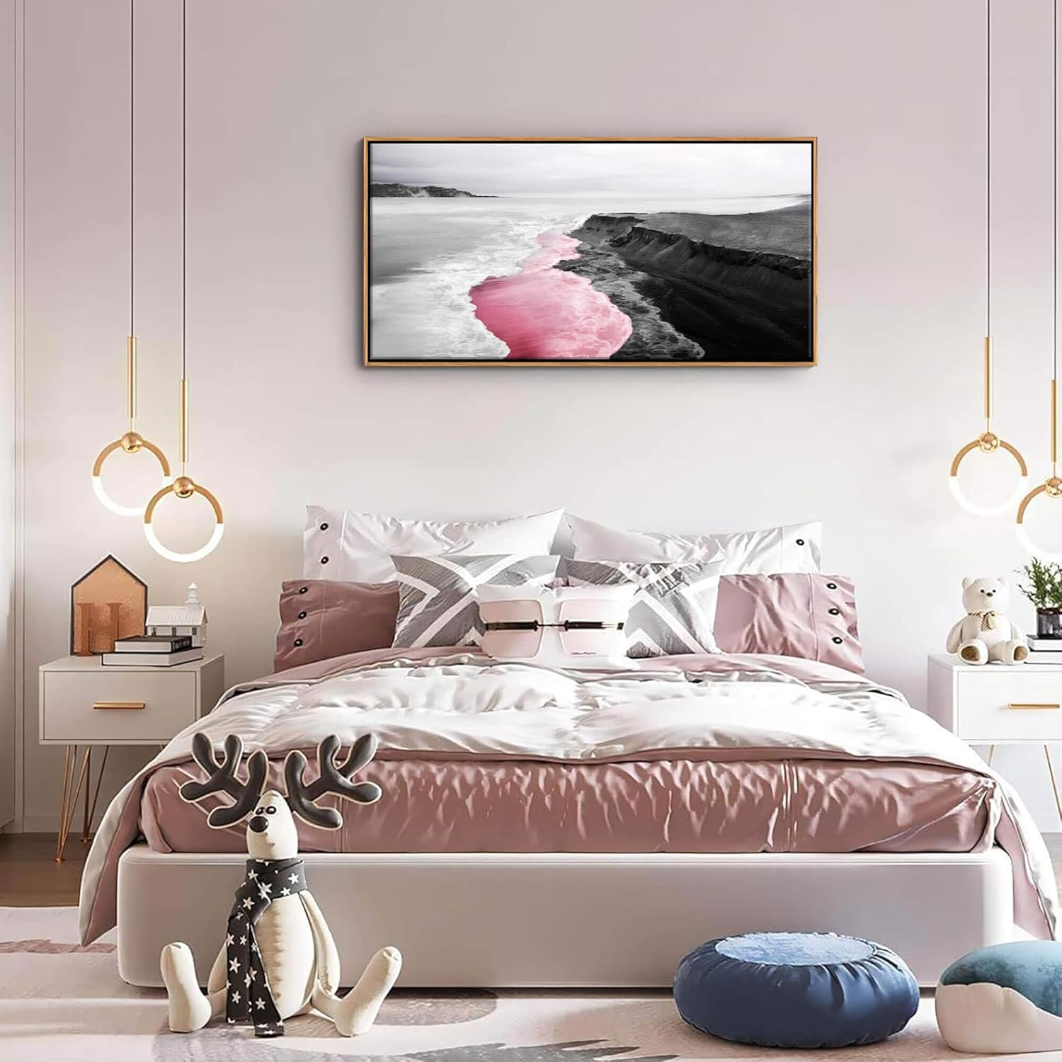 YCPRIMER Pink Canvas Wall Beach Black and White Picture for Living Room Largre Artwork for Wall Coastal Ocean Seascape Painting bedroom Wall Decor Above Bed 20×40IN