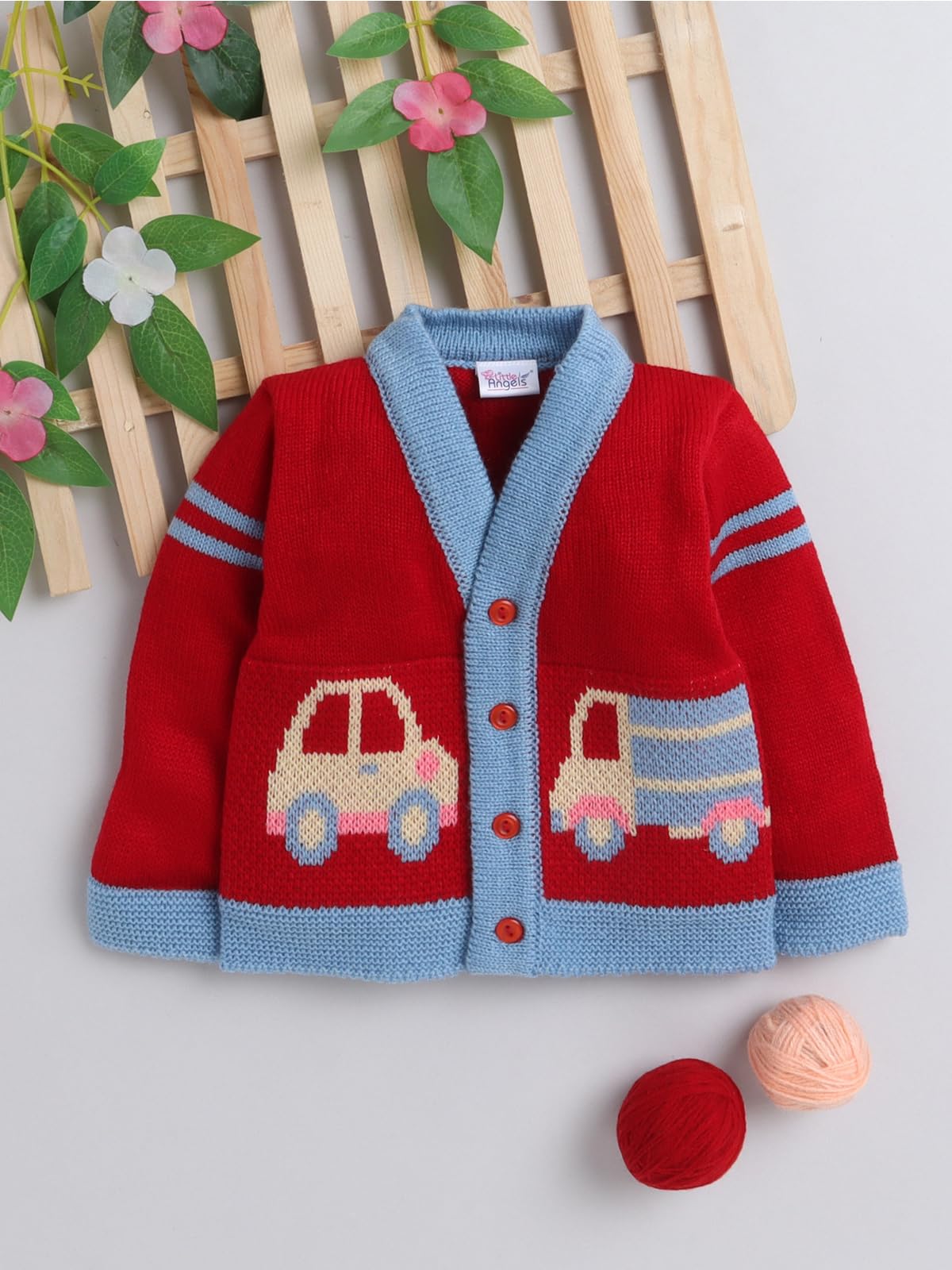 SMAZZ Baby Woolen Cardigan Crew Neck Sweater in Red Color for Baby Girl & Boy in 1 to 2 Years with Car & Truck Pattern 1