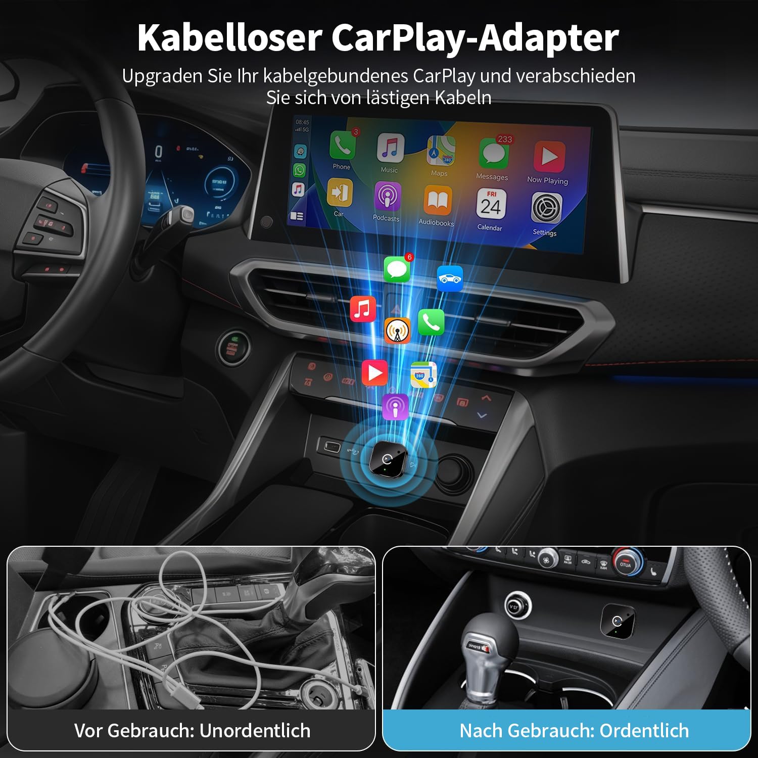 2025 Upgraded Wireless CarPlay Adapter – Bluetooth 5.3 & WiFi 6, Plug & Play USB-A mit USB-C Adapterkabel, stabile kabellose Verbindung ohne Verzögerung, kompatibel mit iPhone Android
