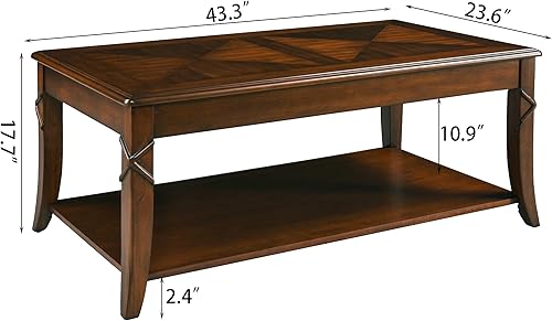 Miniatura 2 de Mesa de centro de madera maciza con estante de almacenamiento, mesas de sala de estar de mediados de siglo con mesa tallada y pata, mesa de sofá