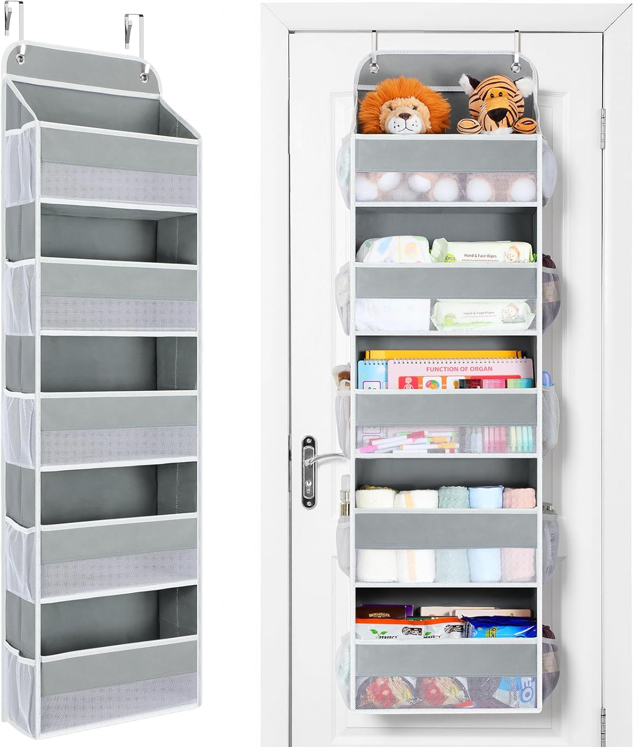 Yecaye Over The Door Organizer Storage, 5-Tier Heavy Duty Door Organizers Hanging with 10 Side Mesh Pockets, 44 lbs Load Capacity Behind Door Storage for Bathroom Nursery Bedroom Dorm Closet, Grey