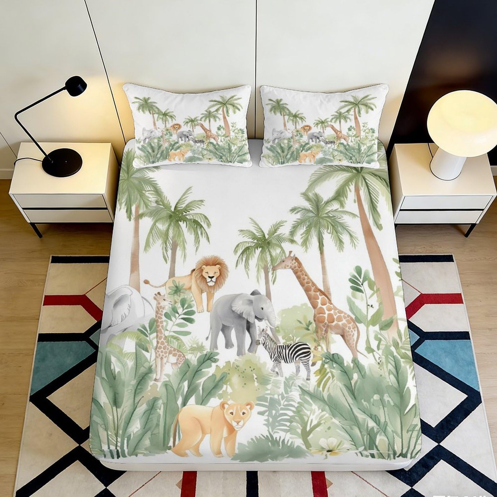 3D Printed Jungle Safari Animals Fitted Sheet Microfiber Soft Breathable Palm Forest Bed Cover for Bedroom Guest Room Mattress Protection Decor 200x200x25cm