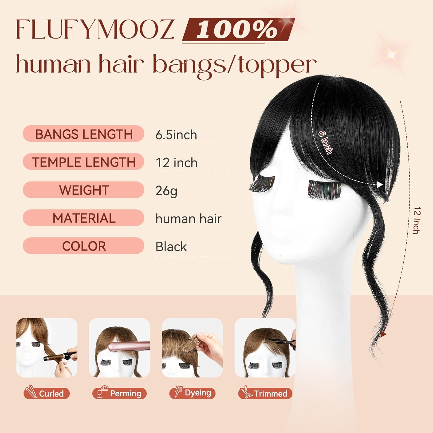 Flufymooz 100% Human Hair Clip In Bangs,360°Real Human Hair Toppers for Women Natural Fringe Extensions with Invisible Clips-Black - Image 2