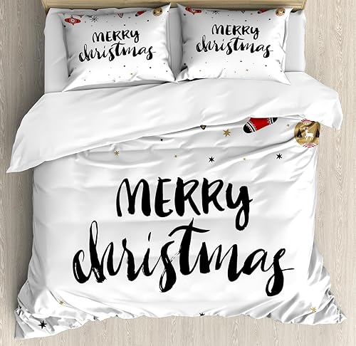 Ambesonne Juego de funda de edredón de Navidad, palabras de Feliz Navidad, letras modernas de pincel con frase de Noel creativa, estampado
