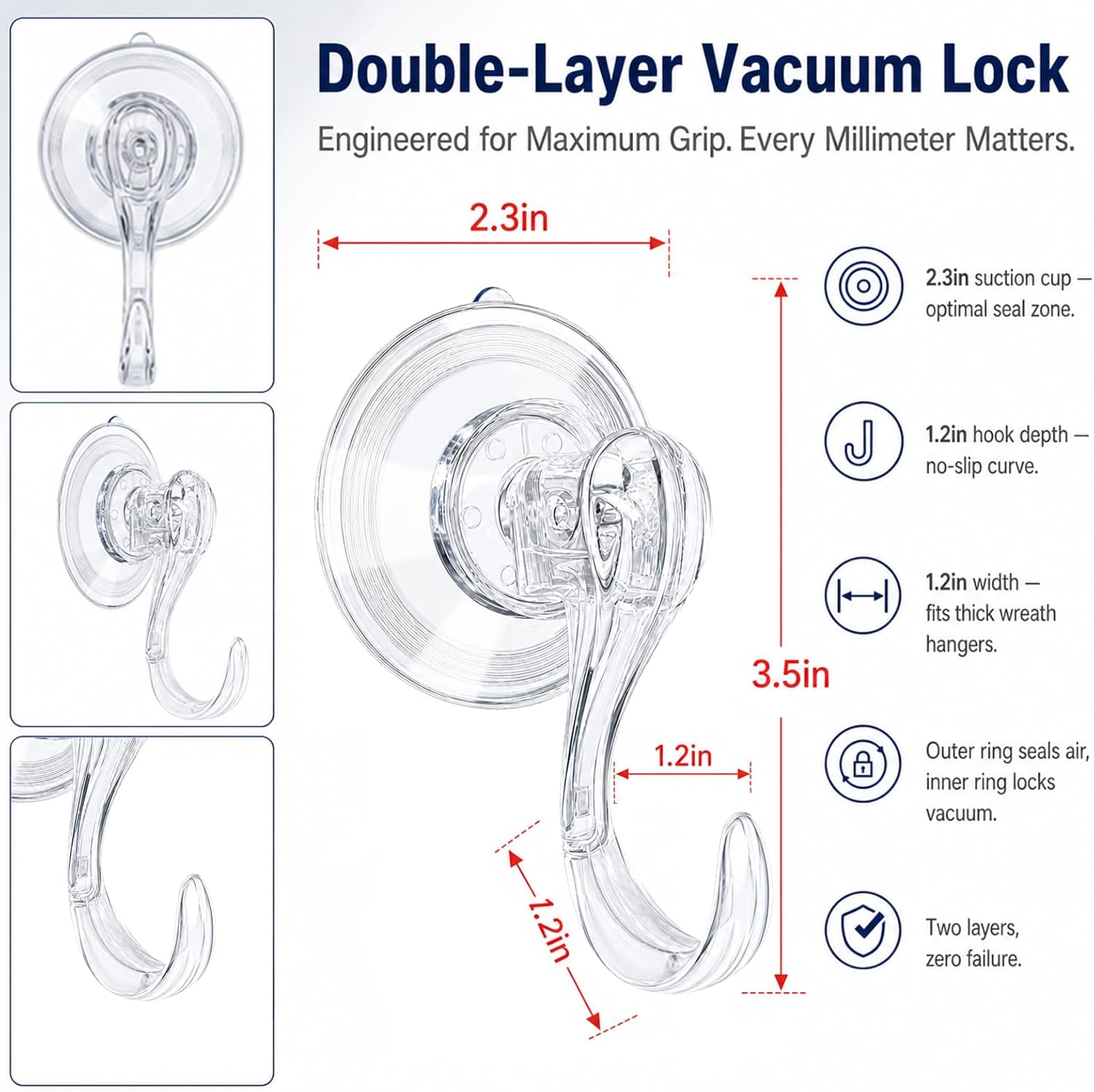 ZEUSFIRE 2 Pack Heavy Duty Clear Suction Hooks, Reusable Waterproof Hangers