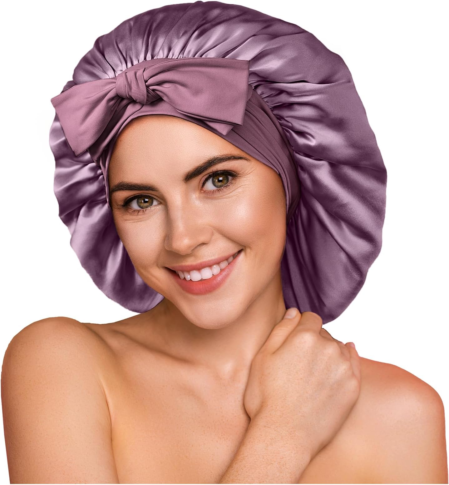 YFONG 100% 22 Momme Mulberry Silk Bonnet for Sleeping Women, Larger Double Layer Silk Hair Wrap for Curly Short Long Hair, Non-Slip Sleep Cap Turban with Elastic Tie Band for Hair Care, Purple