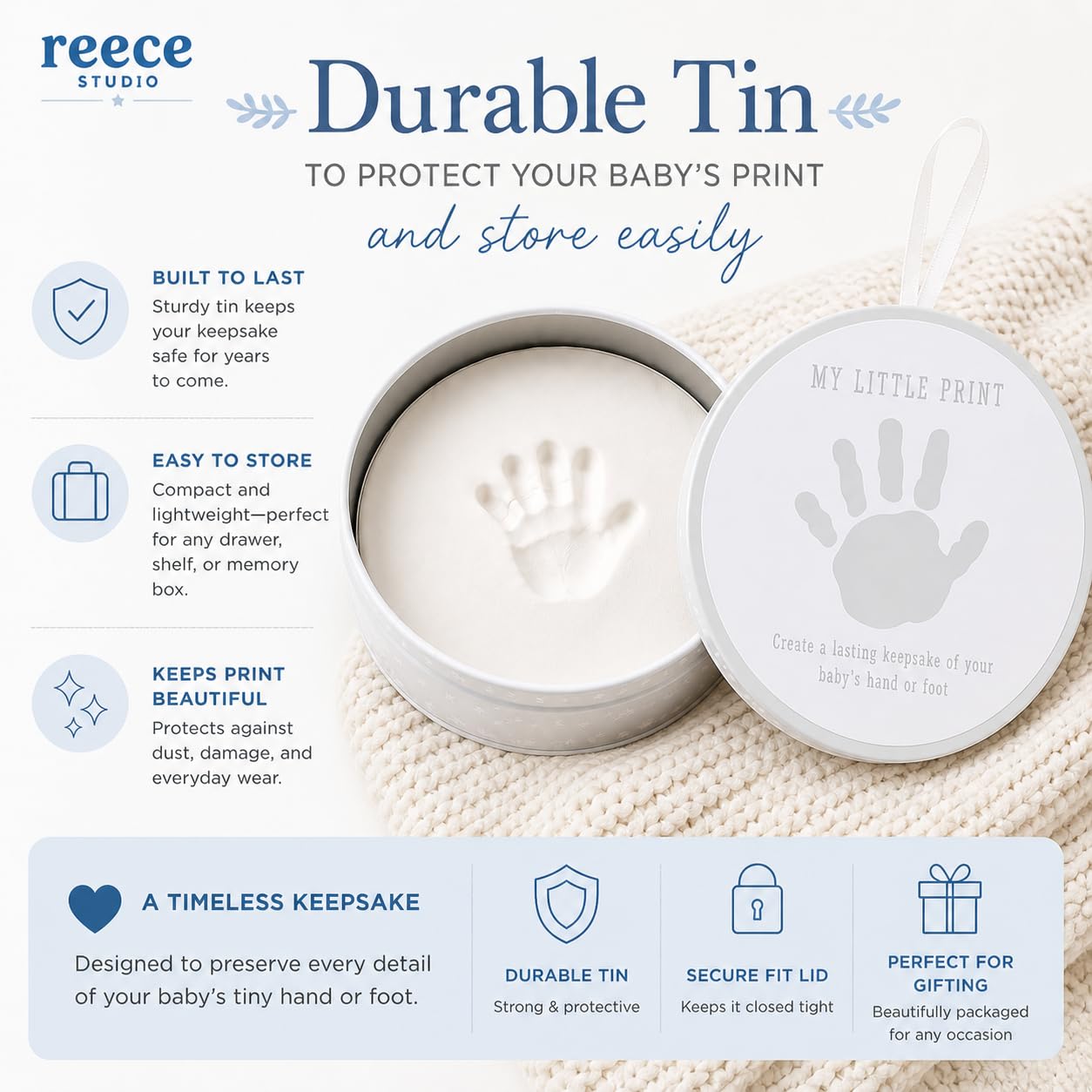 Reece Studio Baby's Print Clay Tin Kit, Newborn Handprint Or Footprint Makers, Baby Keepsake Box, Girl or Boy Gender Neutral Impression Keepsake