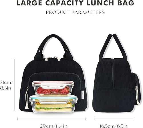 Miniatura 3 de HOMESPON Bolsa de almuerzo para mujeres, hombres y adultos con bolsillo frontal, bonita bolsa de almuerzo aislada de pana de gran capacidad,