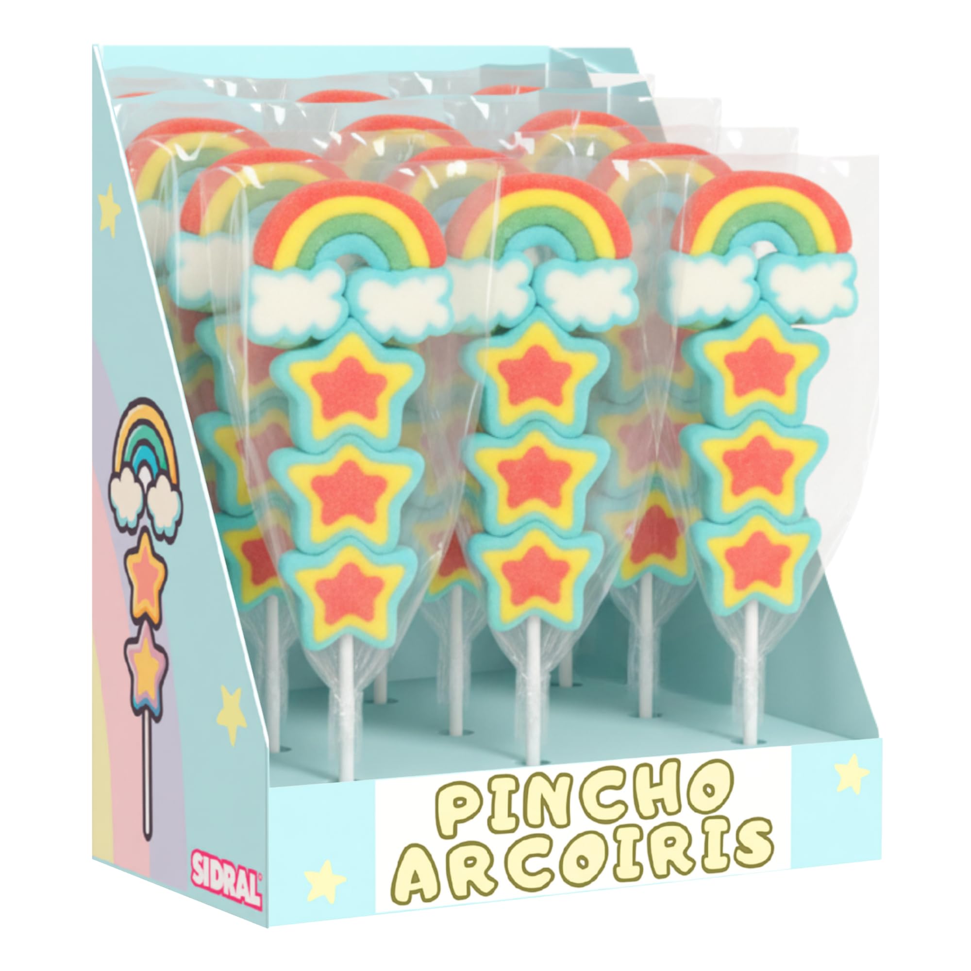 Primera Comunión Pinchos Estrellas con ArcoírisSabor Fresa, Sin Gluten, 16 Piruletas, 720 gr, Chuches para Mi Primera Comunión