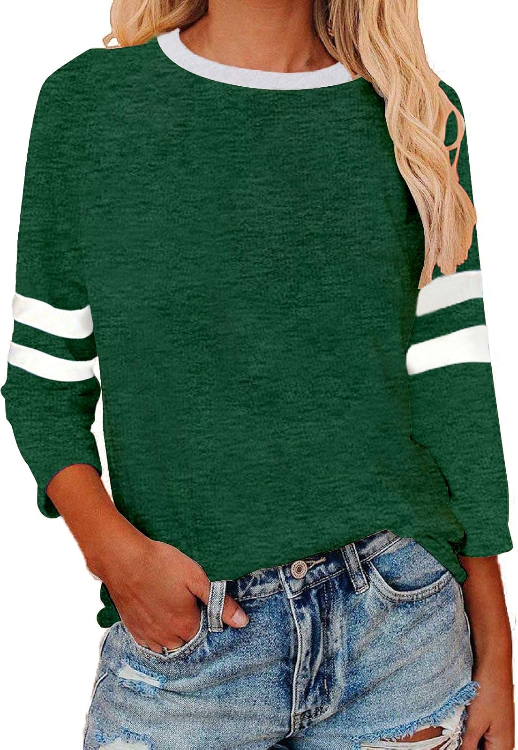 Womens 3/4 Sleeve Fashion Crewneck Tops Patchwork Blouse Casual Loose Comfy Shirt
