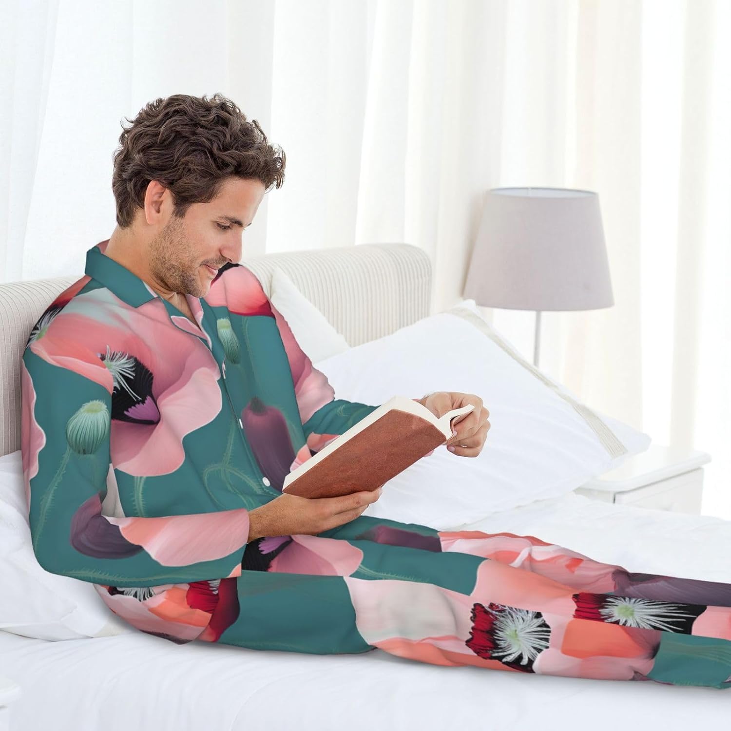 Pastel Poppies Print Luxurious Mens Pajamas Set,Breathable Pajamas Set,Perfect For Lounging Bed,Sofa
