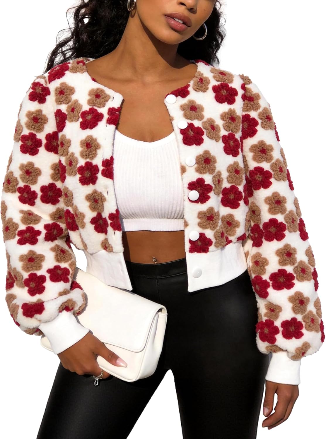 Flygo Women's Cropped Floral Print Bomber Jacket Warm Fleece Varsity Jacket Casual Button Down Puff Sleeve Coat Outerwear