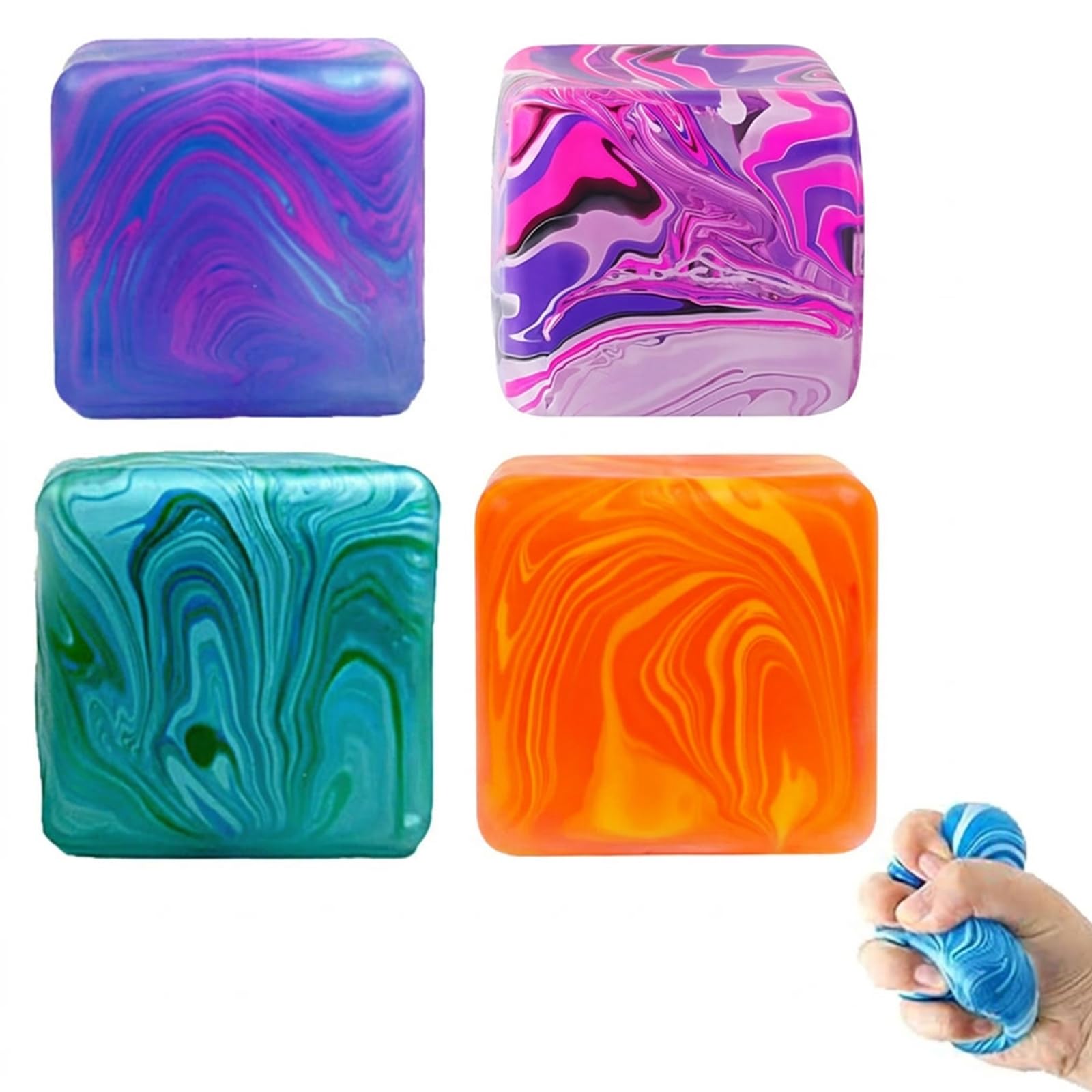 4 PCS Fidget Stress Relief Cube Set, Marble Squishy Sensory Stress Cubes 3.5cm, Soft Squeeze Desk Fidget for Office Work Travel Relaxation, Pocket Size Anxiety Relief Item