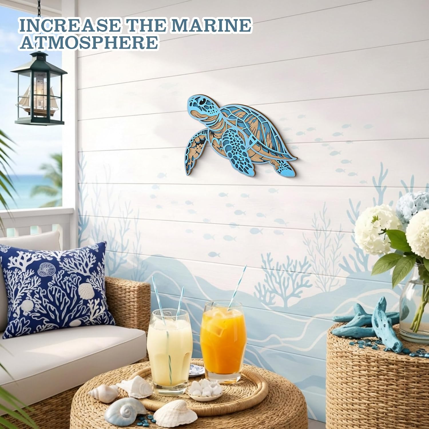 Yerliker 3D Wooden Sea Turtle Wall Decor Beach Coastal Art, Blue