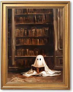 Framed Vintage Library Ghost Reading Poster Print Retro Spooky Bookish Wall Art Gothic Victoria Dark Academia Halloween Canvas Oil Painting Wall Decor Aesthetic for Bedroom Office 8x12inch