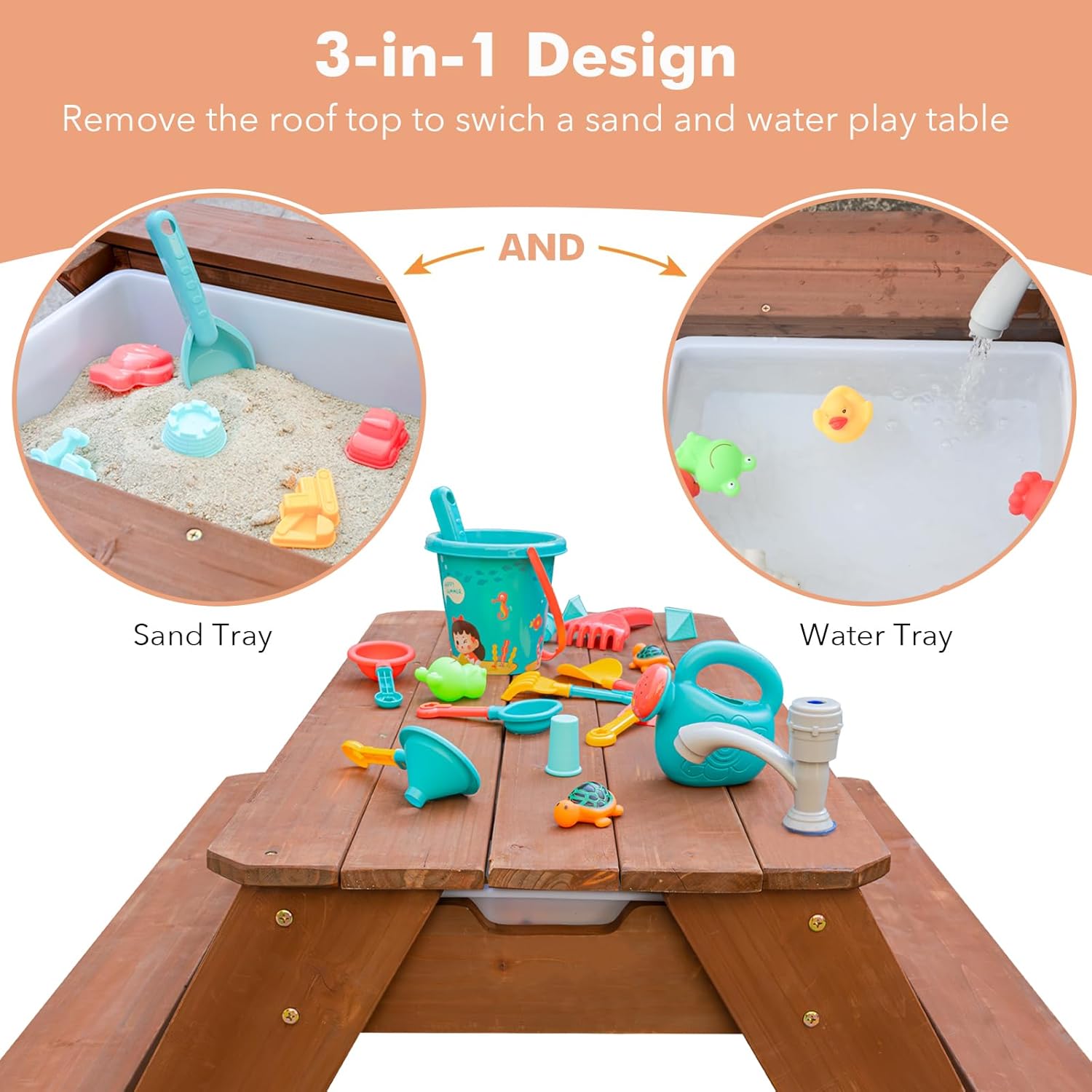 Kids 3-in-1 Sand & Water Table, Wood Outdoor Convertible Picnic Table w/Umbrella, 2 Trays, Removable Top with Faucet, Picnic Table for Outdoor Playset (Brown/Navy)