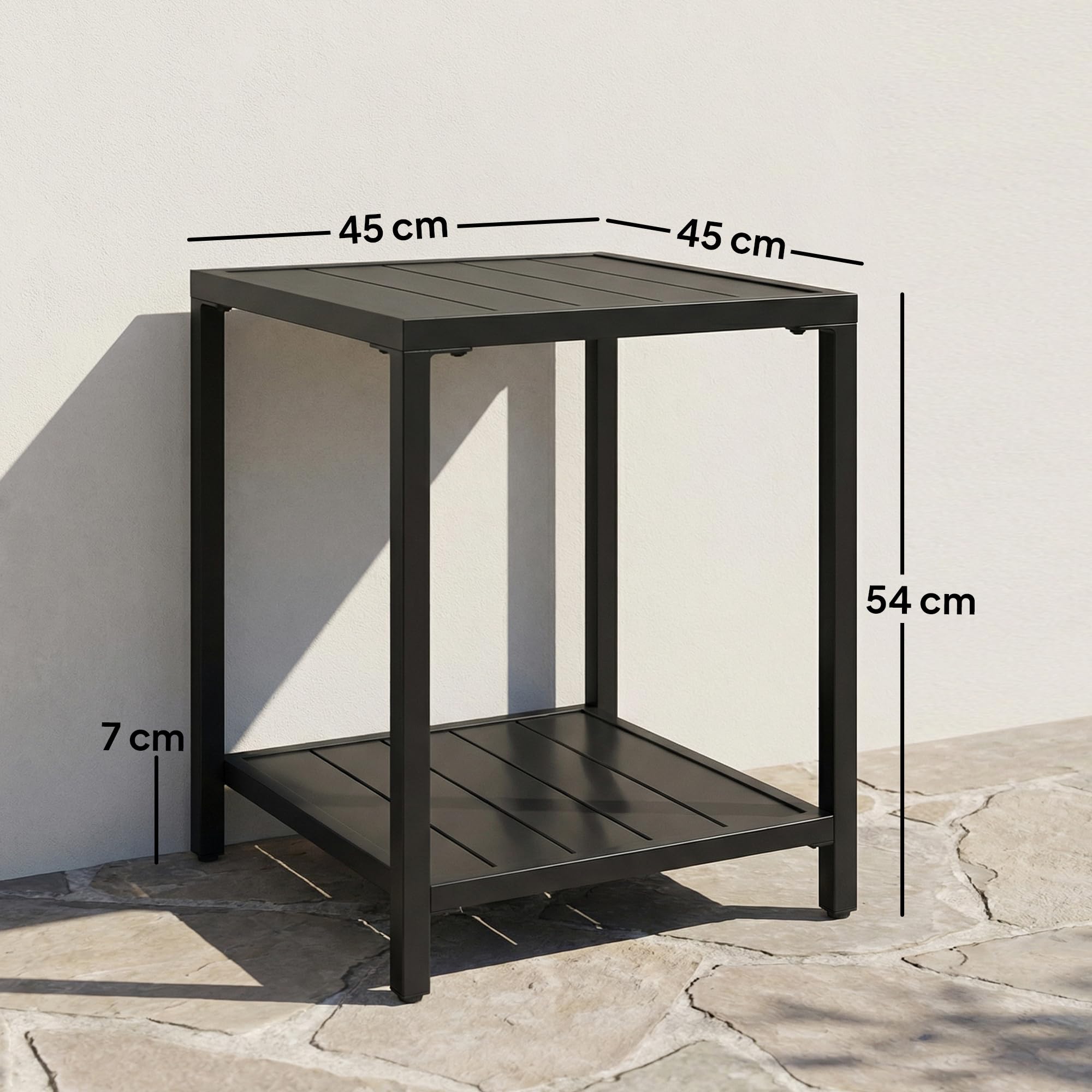 Outsunny Table Basse Extérieure Métal 2 Niveaux, Table de Jardin Carrée avec Étagère, Résistante aux Intempéries, Noir