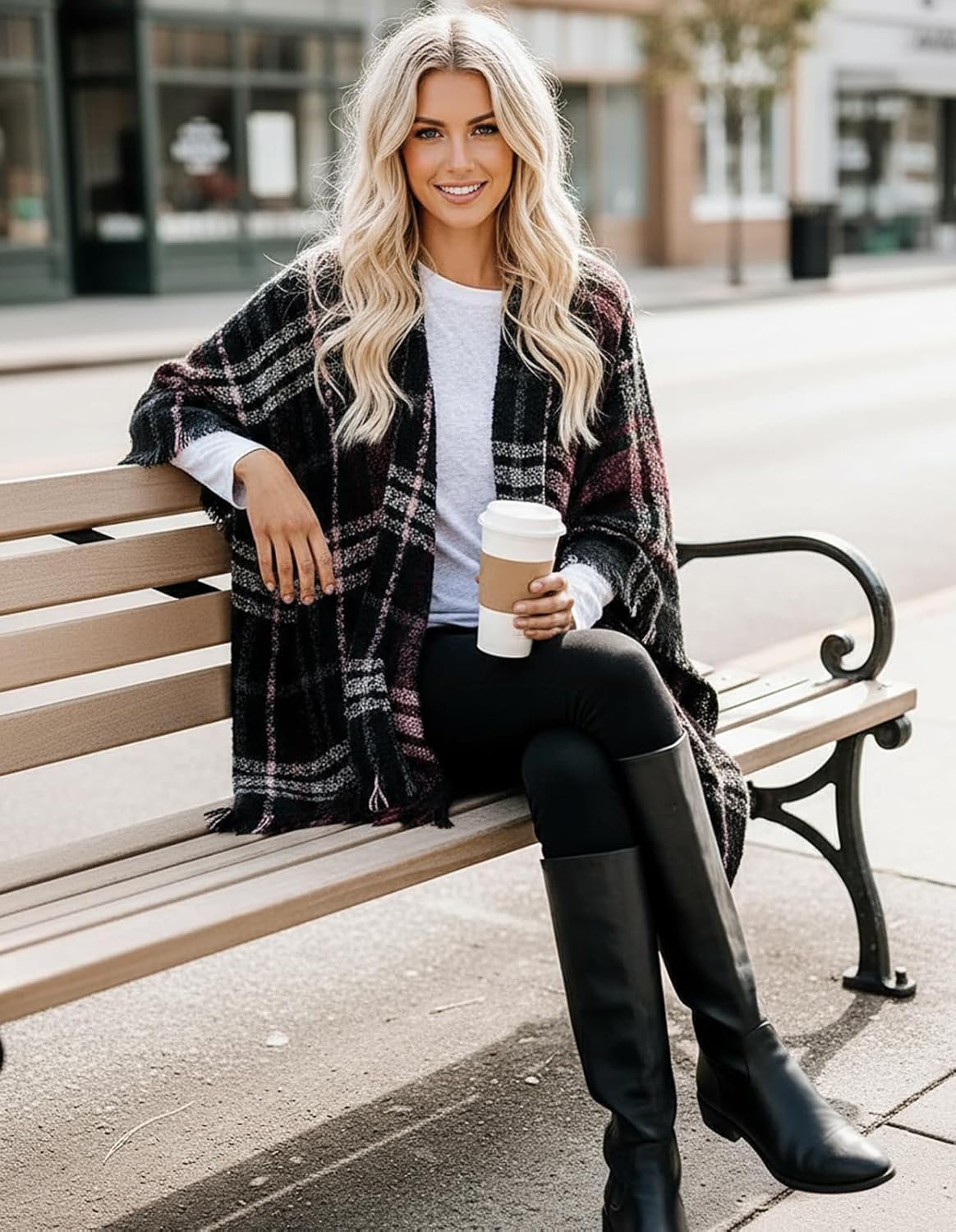 Women's Shawl Wraps Open Front Travel Poncho Cape Warm Oversized Plaid Sweaters Casual Cardigan Shawls - Image 7