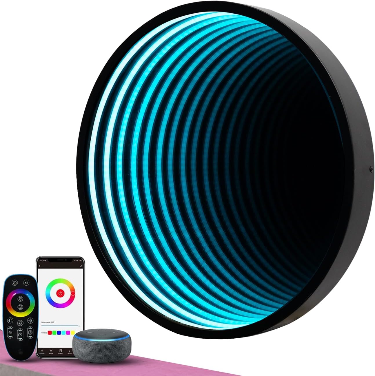 Portal Infinity Mirror Wall Night Light Decor Magic Mirror Smart LED Wall Lamp RGB Wifi Mobile App Smart Life Alexa (Round, 50 CM)