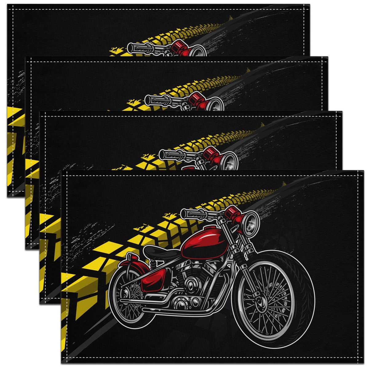 Motorcycle Placemats Cartoon Motorbike Yellow Tire Print Place Mats for Kids Teens Boys Competition Extreme Sports Modern Style Waterproof Kitchen Mats for Dining Table 12x18 Inch Set of 4