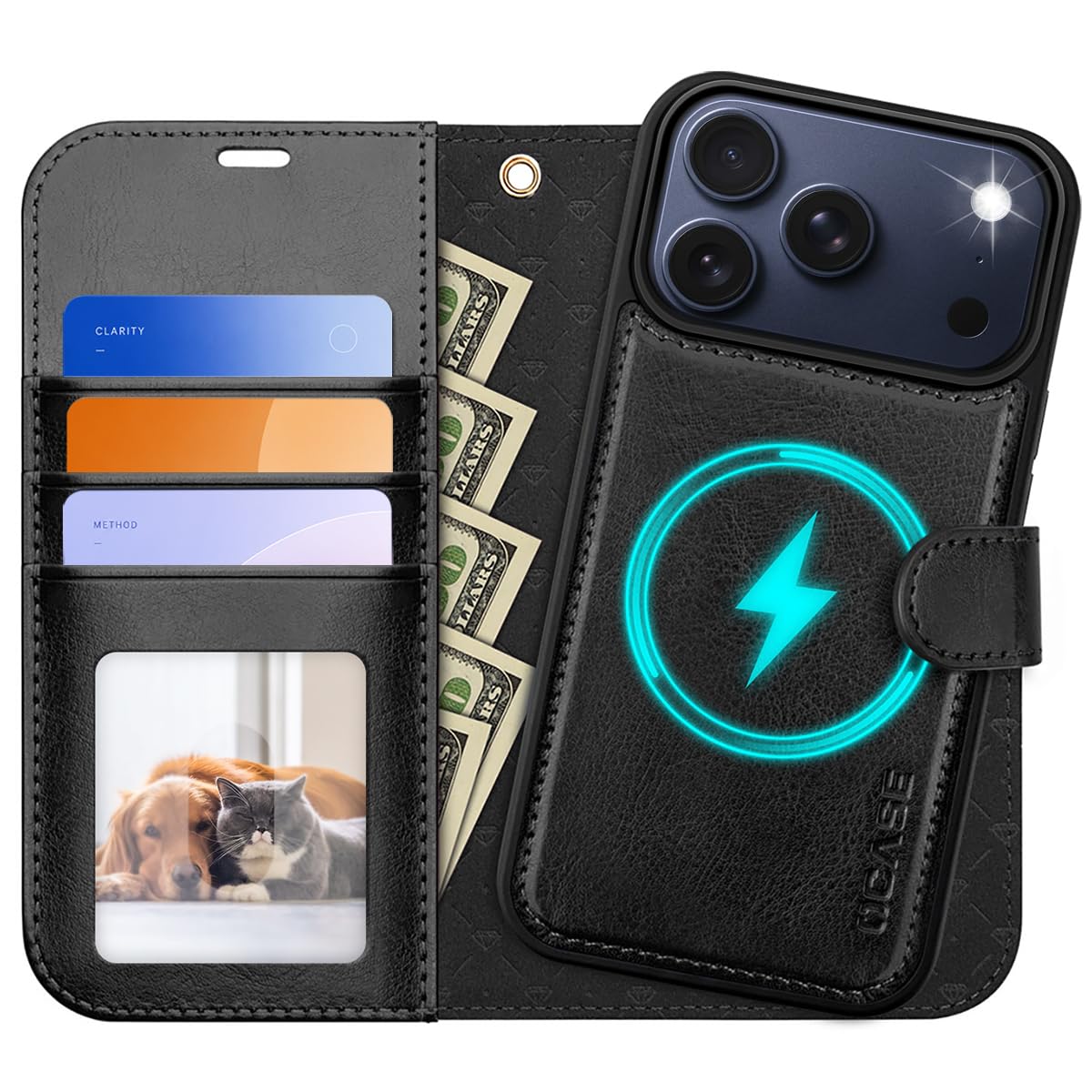 OCASE Handyhülle Kompatibel für iPhone 17 Pro Hülle Abnehmbar 2-in-1 Magnetische Premium PU Leder Klapphülle Kabelloses Laden Kartenfach RFID Standfunktion Schutzhülle für iPhone 17 Pro – Schwarz