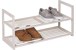Honey-Can-Do 2-Tier Stackable Bamboo Shoe Rack in White Wash