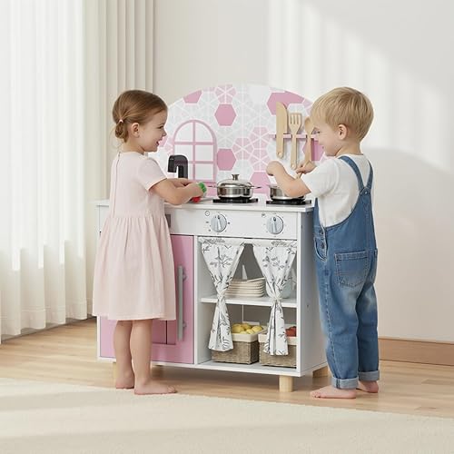 Miniatura 6 de Arlopu Juego de cocina para niños, juego interactivo de chef con gabinete con cortina, estufa con perillas de clic, grifo y fregadero, accesorios de