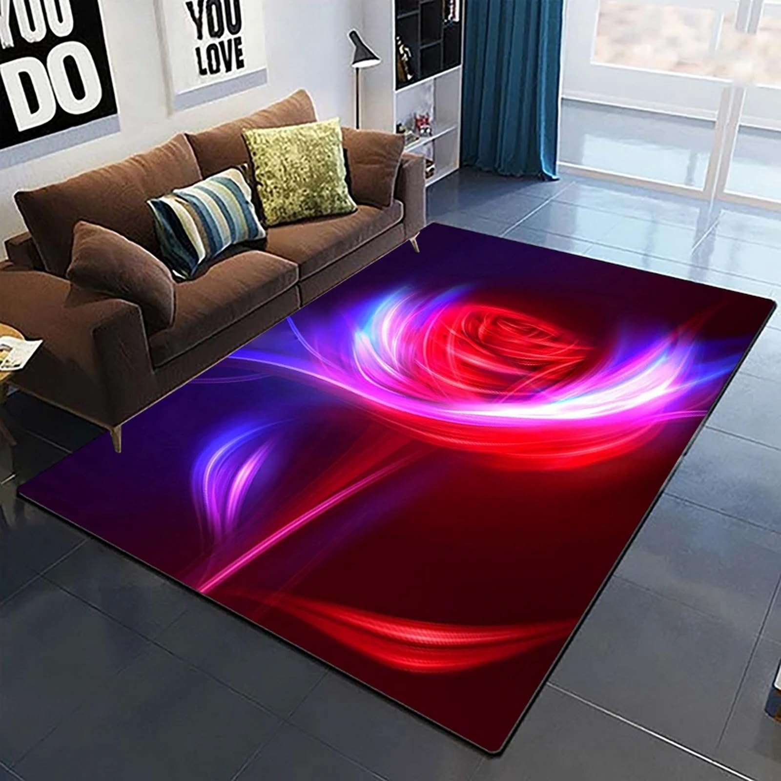 Tapis rose fleur 3D en flanelle douce pour salon et chambre d'enfant