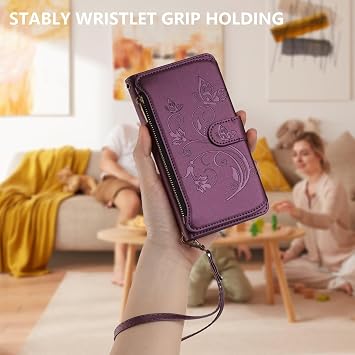 for Huawei Mate 70 Pro/Mate 70 Pro Plus用ウォレットケース、防衝撃PUレザーフリップカバー付き,カードスロット/調整可能スタンド/取り外し可能リストストラップ・ショルダーストラップ、蝶と花のデザイン Phone Case for Women Girls-ダークパープル