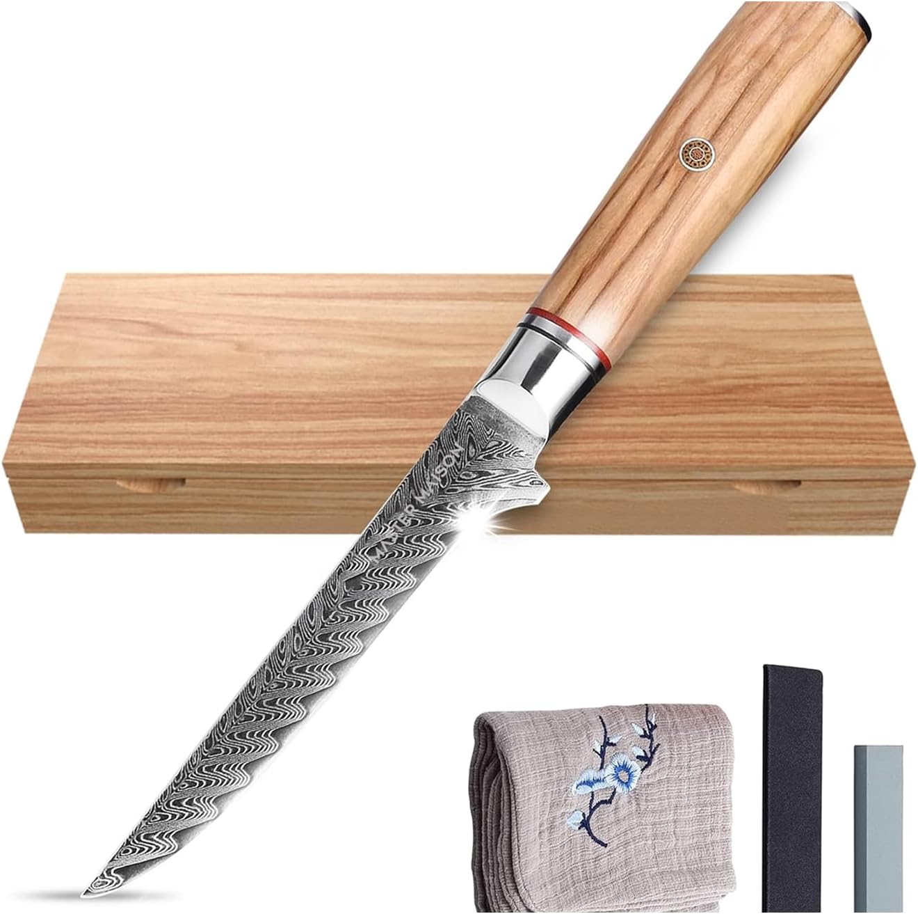 Master Maison 6" Damascus Steel Fillet Knife With Full-Tang Handle, Sheath, Sharpening Stone, Storage Box & Drying Cloth | AUS-10 Japanese Stainless Steel Ultra Sharp Filleting & Boning Knife For Fish