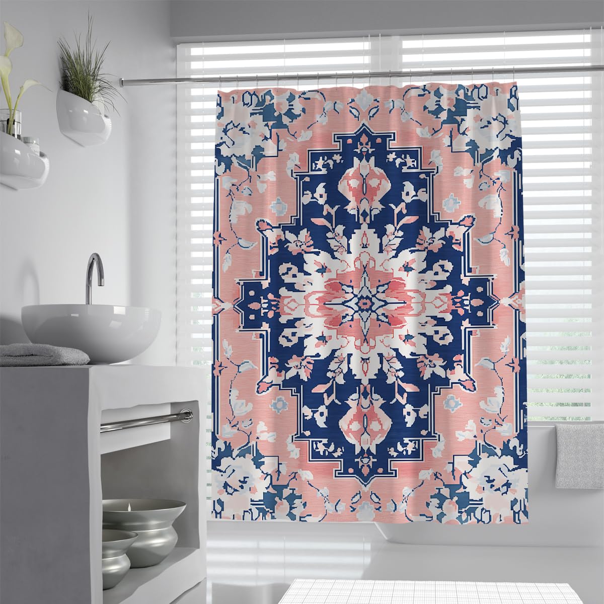 Cortina Ducha marroquí Azul Marino Rosa baño W180xL220 cm