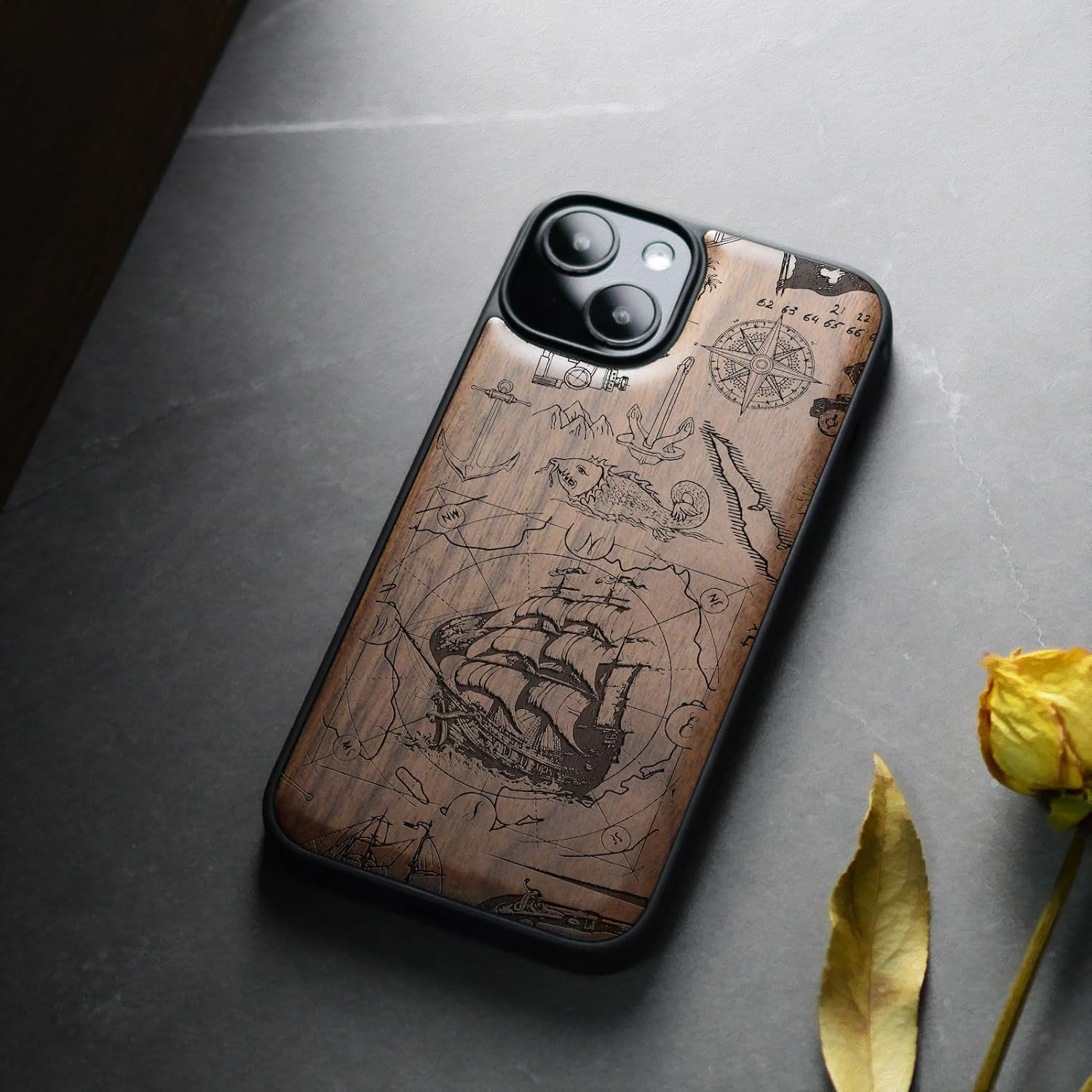 Carveit Magnetic Wooden Case for iPhone 15 Plus Case, Compatible with MagSafe Wireless Chargers, Black Soft TPU Shockproof Cover & Wood Artisan Engraved (Vintage Pirate Ship) - Walnut