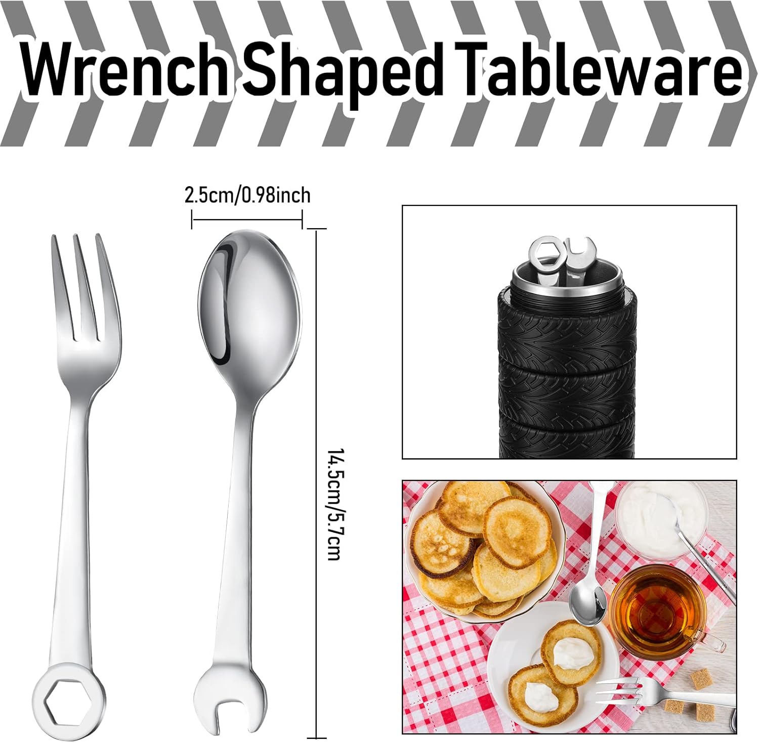 Yungyan 3 Pcs Tyre Water Bottle Gift for Man Valentine Car Coffee Mug Gifts Stainless Steel Coffee Tea Mug with Tool Fork and Spoon for Fathers Day Car Lover Birthday Gift - Image 3