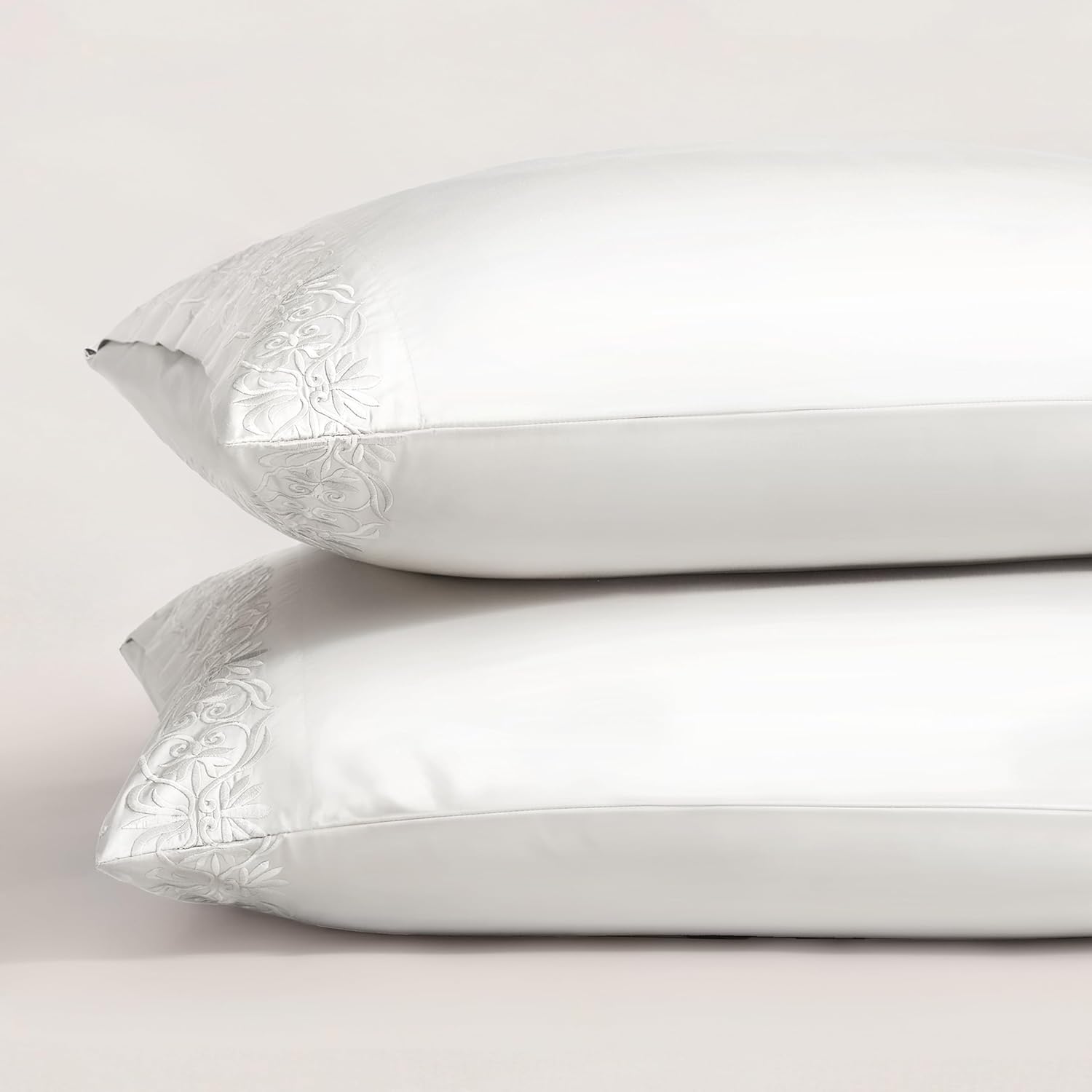 Pure Parima Ariane Pillowcase Set – 100% Certified Egyptian Cotton, Scroll Embroidery, King, White