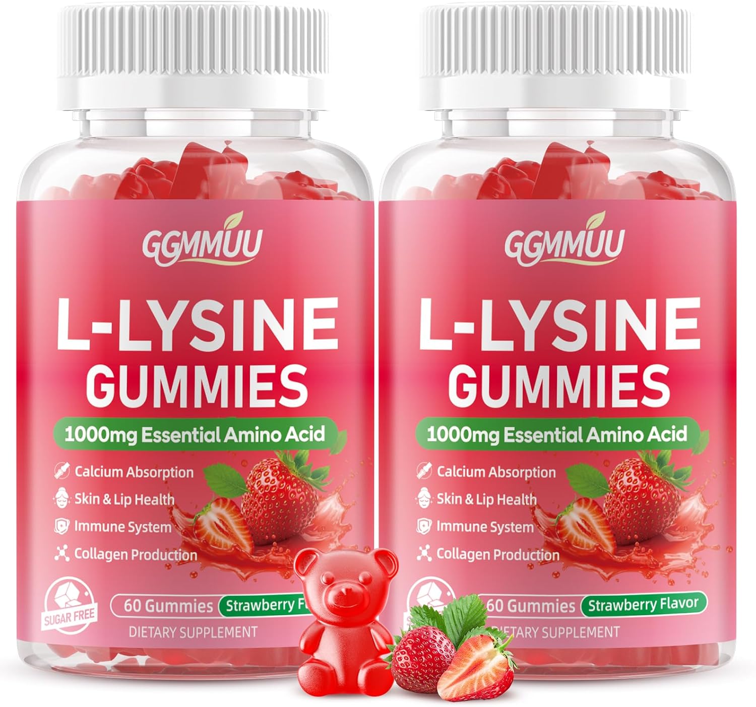2 Pack L-Lysine Gummies 1000mg L-Lysine Supplement for Adults & Kids, Essential Amino Acid Supplement for Lips & Oral Health, Immune Support, Strawberry Flavor, 120 Count