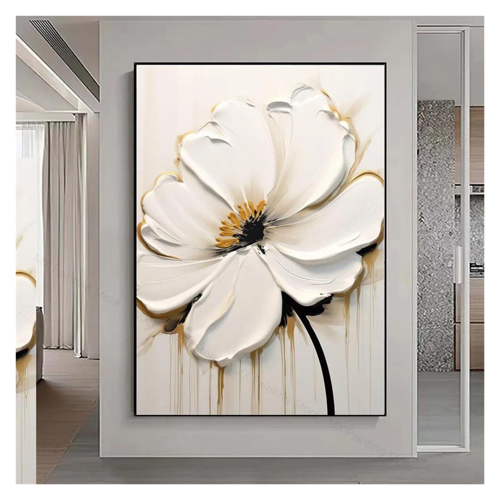 Byambd A Esthetic Pictures White Flower Oil Painting On Canvas Poster No Frame Bstract Textured Flowers Painting,Living Room Wall Rt Decor(,30X40cm)