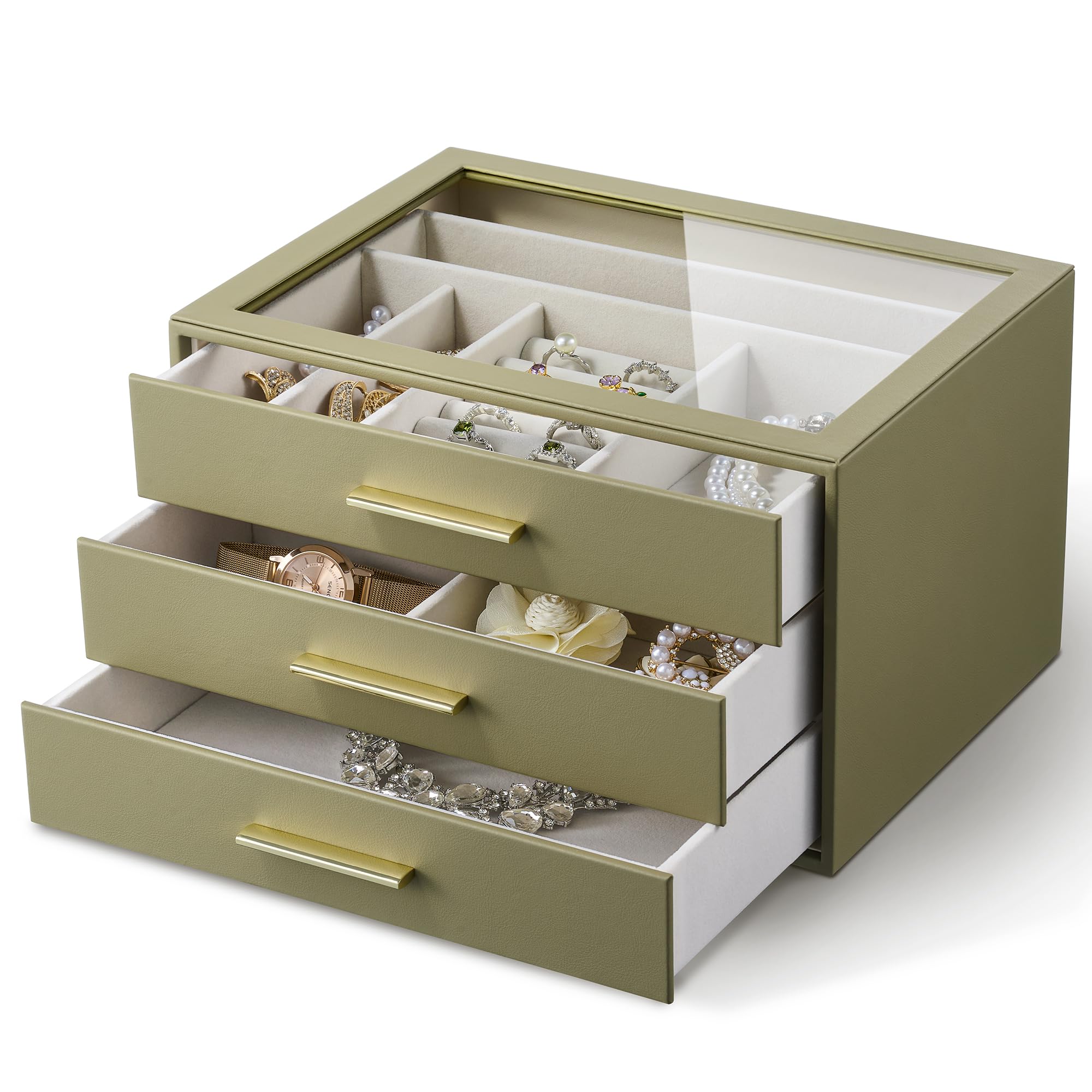 Boîte à bijoux de rangement, 3 couches avec fenêtre en verre, vert