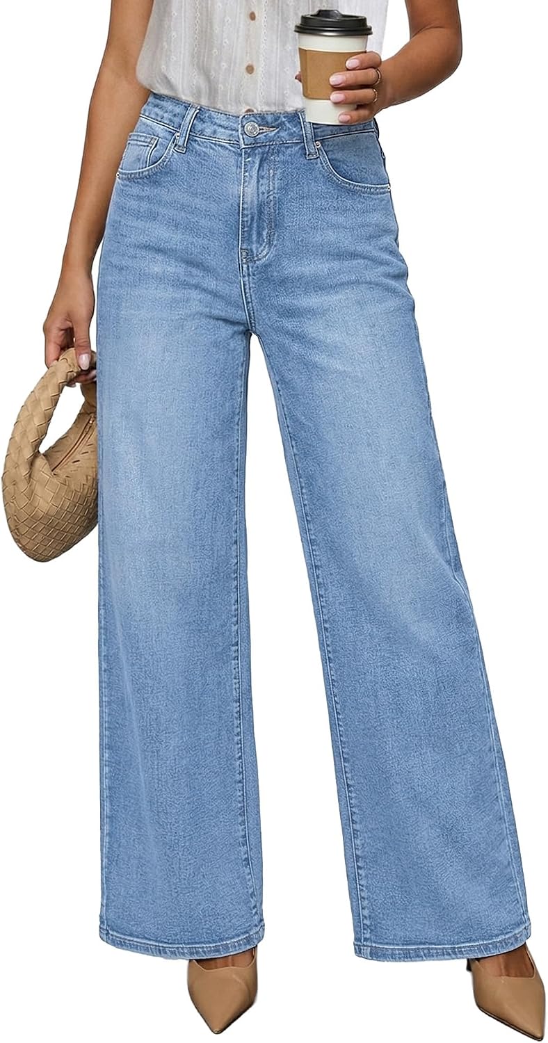 LookbookStore Wide Leg Jeans for Women High Waisted Stretchy Denim Jeans Fashion Baggy Trouser Jean Pants with Pockets