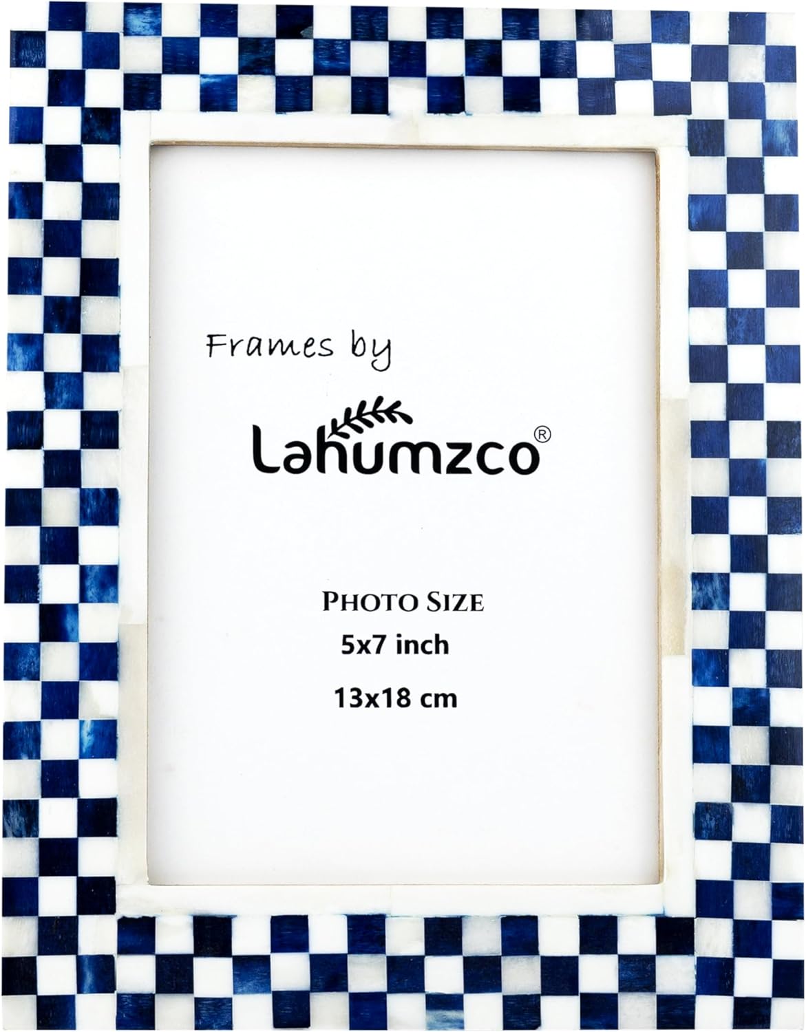 5x7 Bone Inlay Picture Frame – Handmade Imperfect Checkered Pattern Photo Frame for Tabletop & Wall Decor, Vintage Art-Inspired Design, Blue & White, Decorative Christmas Gift Frame