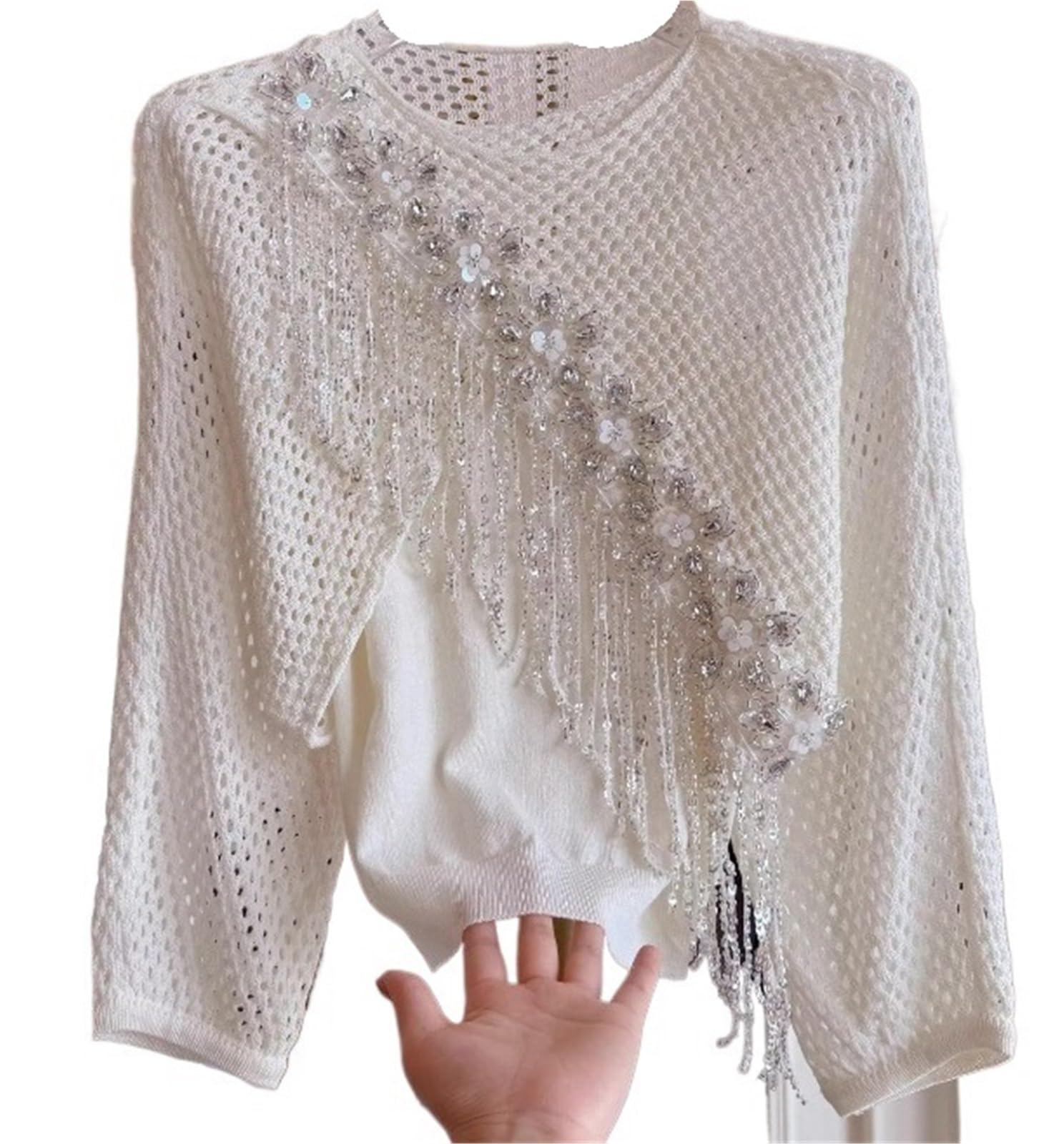 Jersey Suelto de Primavera for Mujer, Camisas Tejidas con borlas Diamantes, Conjuntos Camisola, Tops Color sólido cómodos for