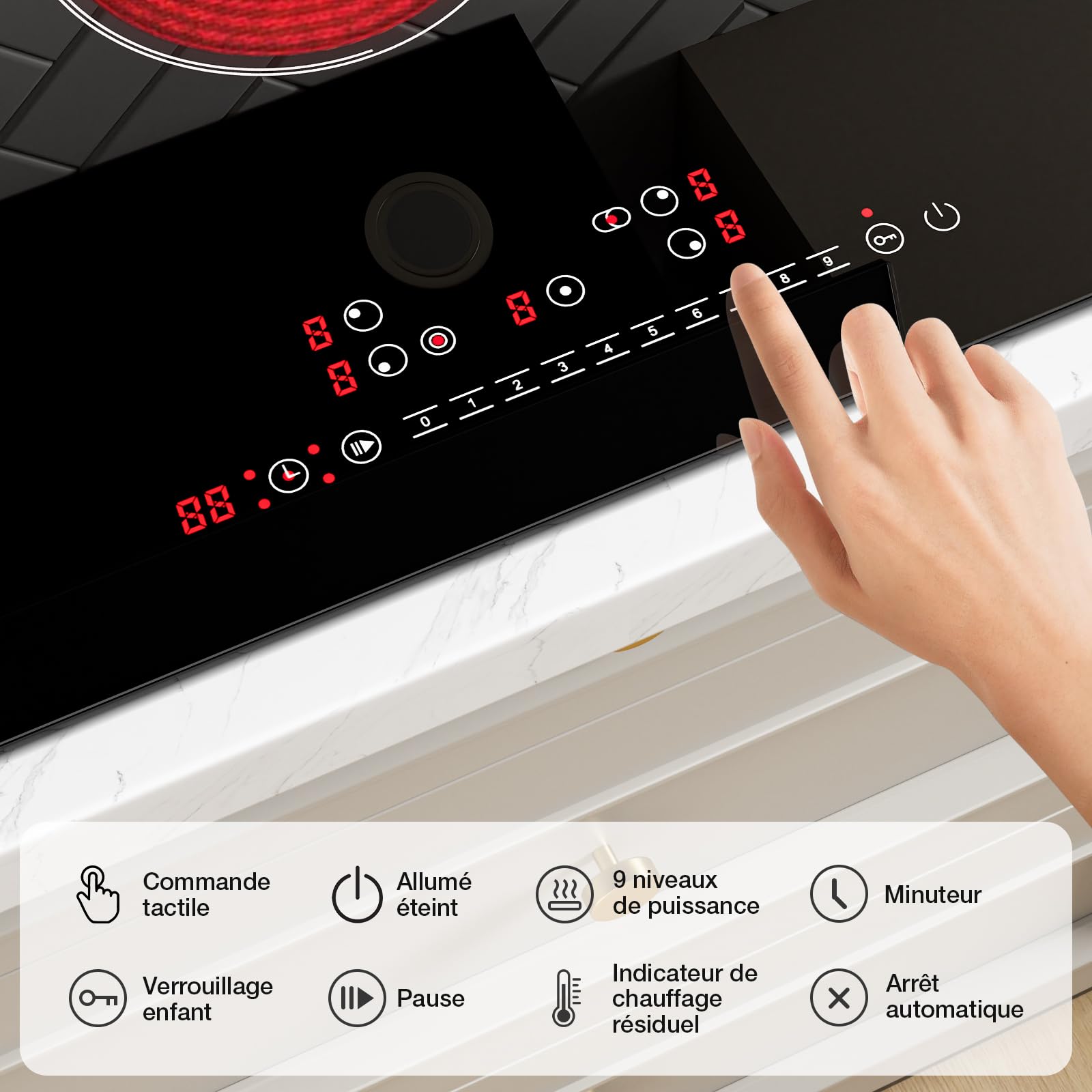 Piano Cottura in Vetroceramica 5 Fuochi, Piano Cottura Elettrico, 77cm, 8600W, 4 Zone di Cottura, 9 Livelli di Riscaldamento, Timer, Controllo Tocco, Sicurezza Bambini