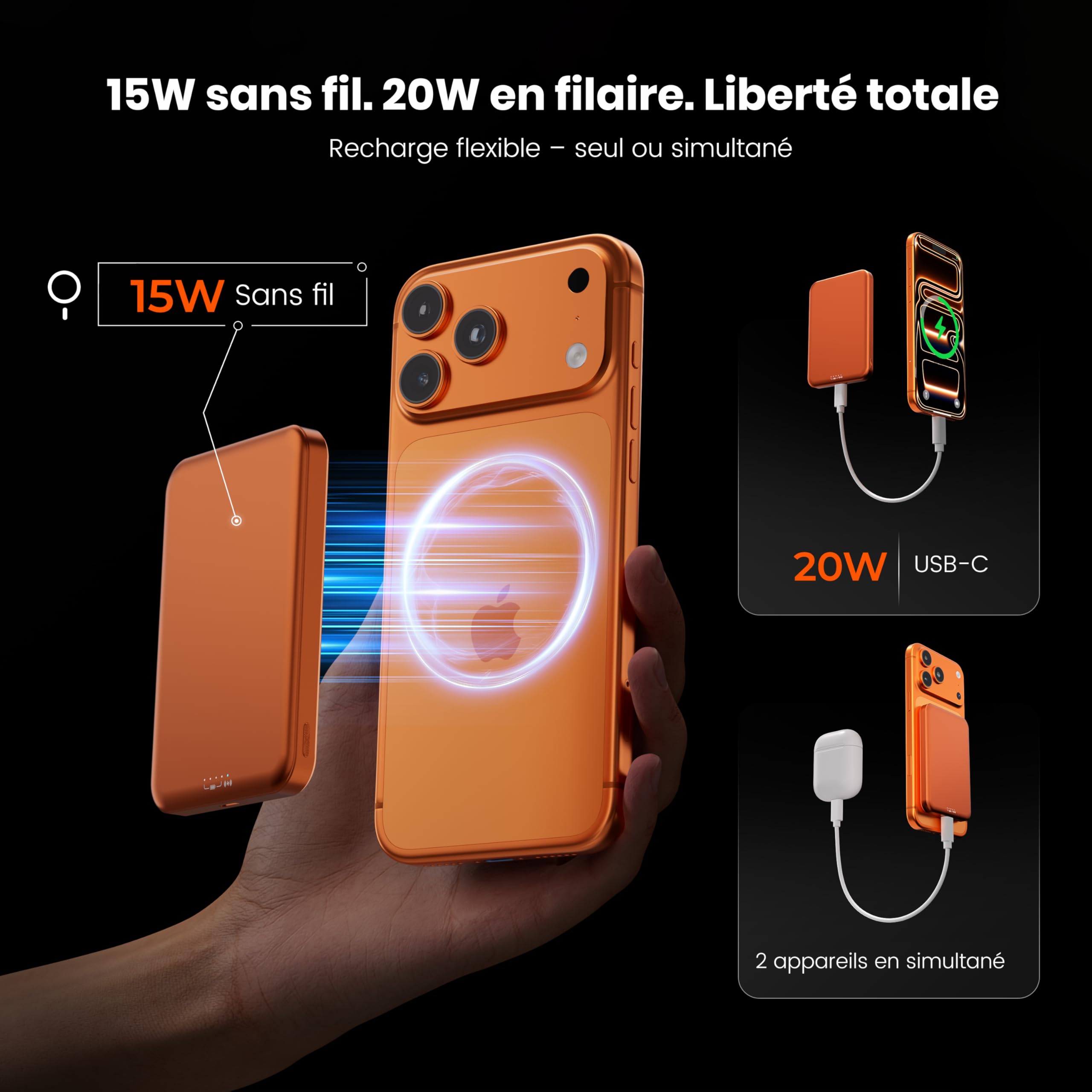 PD20W Batterie externe magnétique 10 000 mAh, design titane ultra fin, 14 mm, chargeur portable sans fil avec entrée et sortie USB-C, compatible avec iPhone 17/16/15/14/13/12 Series et Apple Watch