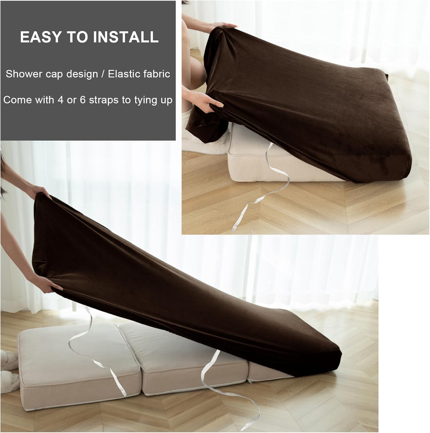 UNBBRRL 100% Waterproof Sofa Cover for RV, RV Couch Covers for Sofa Bed Velvet, Non-Slip Camper Couch Cushion Covers with Elastic Bottom and Straps (Brown,W 59-75 in, D 22-26 in)