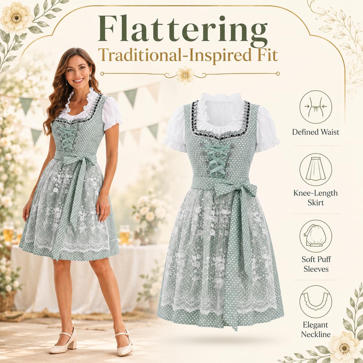 Dirndl Damen Oktoberfest Damen Outfit Midi Dirndlkleid Trachtenkleid inkl. Trachtenrock Dirndlbluse Dirndlschürze, Dirndl Kleidung Trachtenmode Kleid Schlicht Tracht Dirndlkleid Schürze Spitze Kleid
